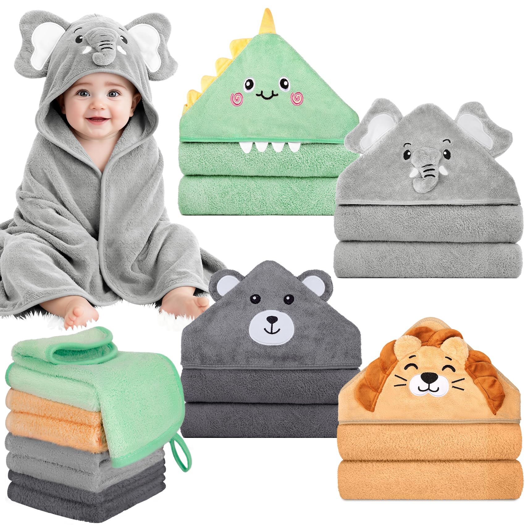 CandyHome 12 PCS Baby Bath Towels Set for Infants Toddlers 4 PCS Animal Hooded Baby Towels 8 PCS