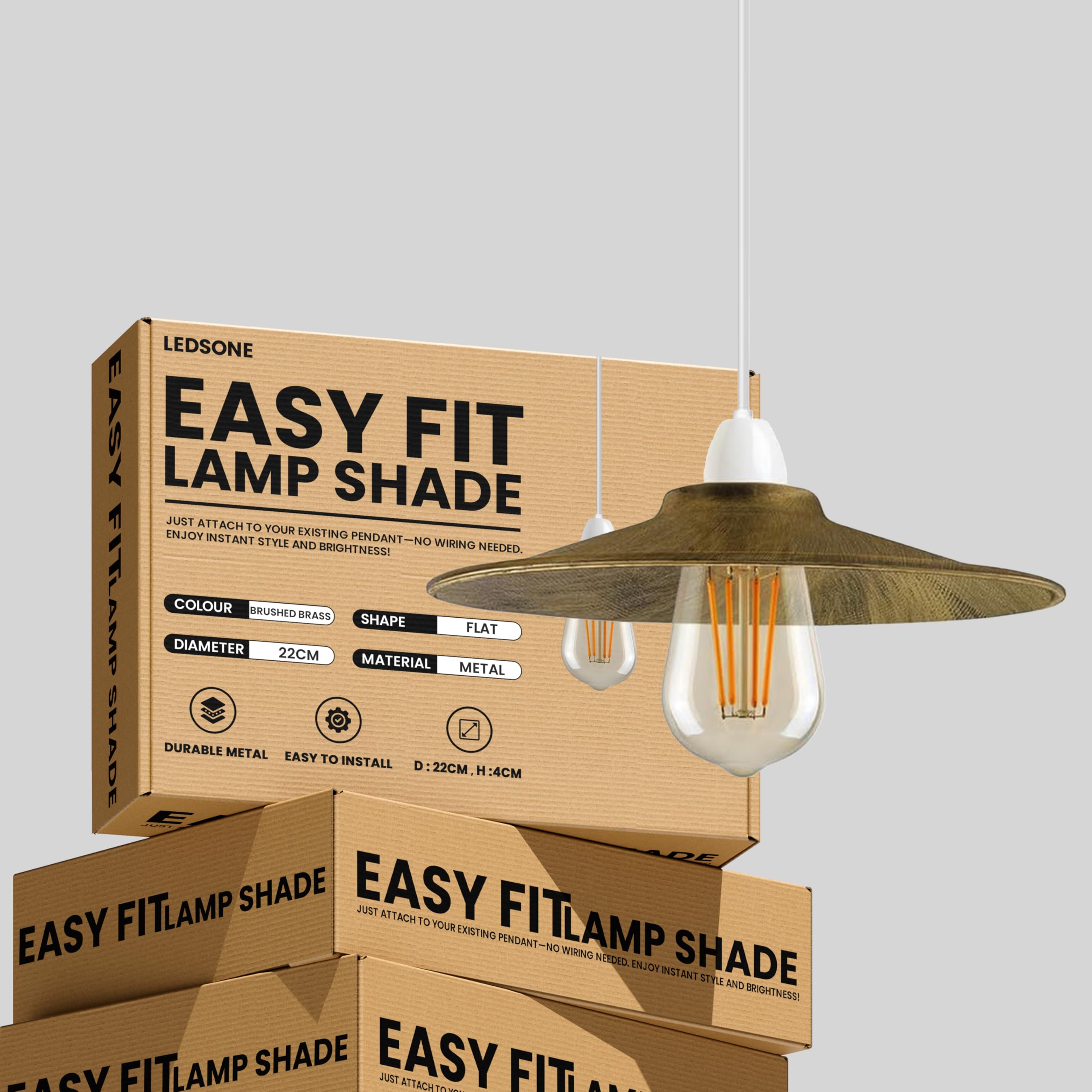 LEDSone Industrial Style Brushed Brass Metal Ceiling Light Shade Easy Fit 22cm Flat Pendant Lighting Lamp Shade with Reducer Ring Childern Living Room Hallway Restaurant & Home Improvement โ image 1