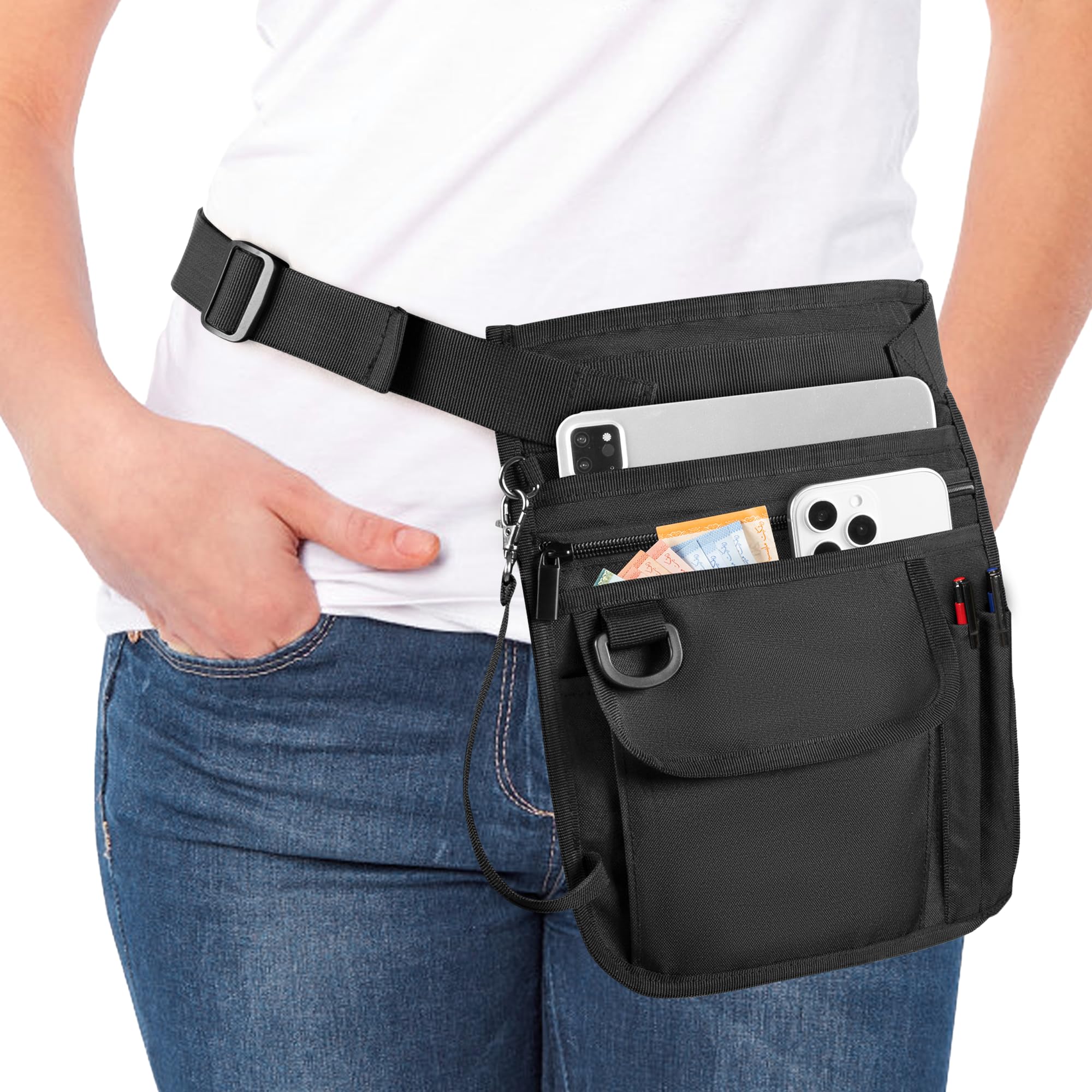 Rexmica Serveerschort met meerdere zakken, serverschort halve schort met verstelbare riem voor serveerster, ober, vrouwen mannen server, tailleschort voor restaurant, bistro, keuken, zwart, Zwart, L