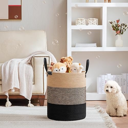 Miniatura 2 de VIPOSCO Cesta alta para ropa sucia, cesta grande para ropa sucia con mango de cuero, cesta de almacenamiento de cuerda tejida para manta, juguete en