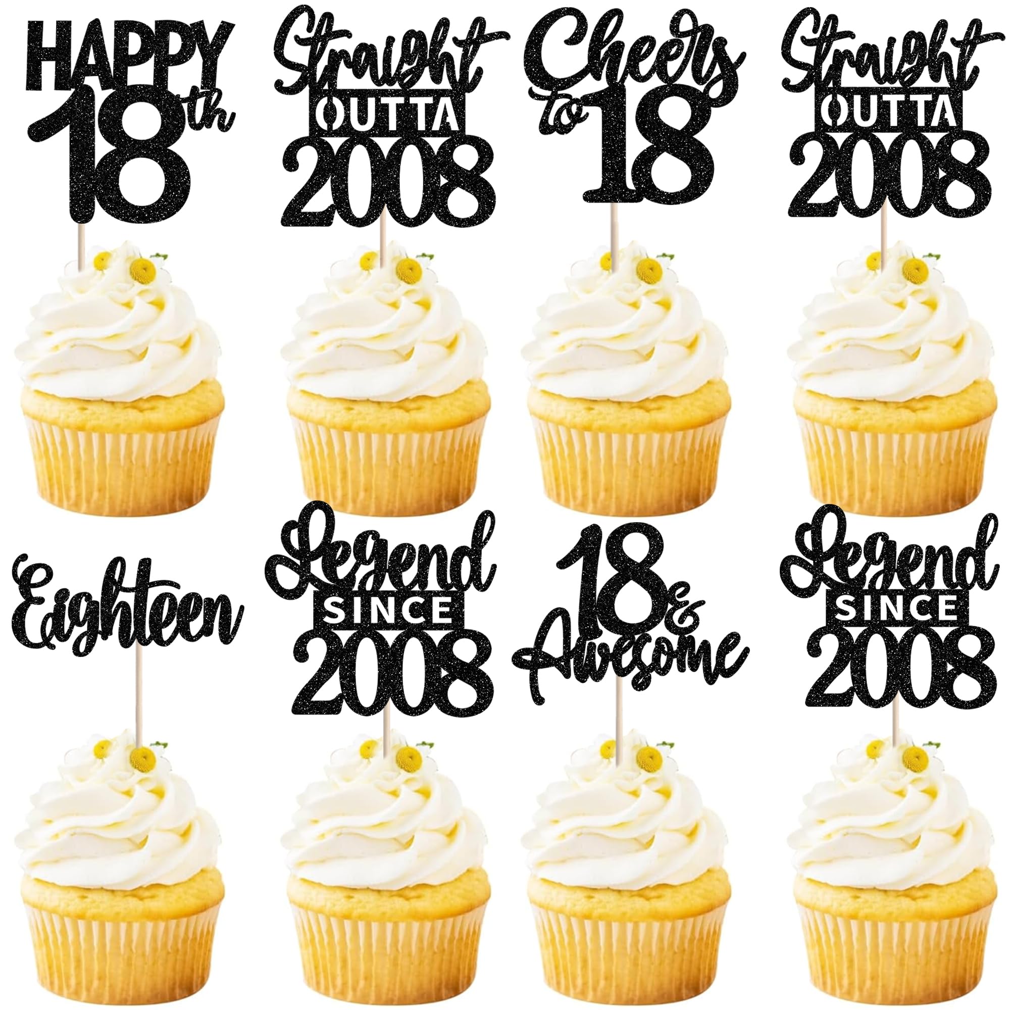 24PCS Black 18th Birthday Cupcake Toppers Eighteen Happy 18th Straight Outta 2008 Cupcake Picks Cheers to 18 Lengend Since 2008 Cake Decorations for