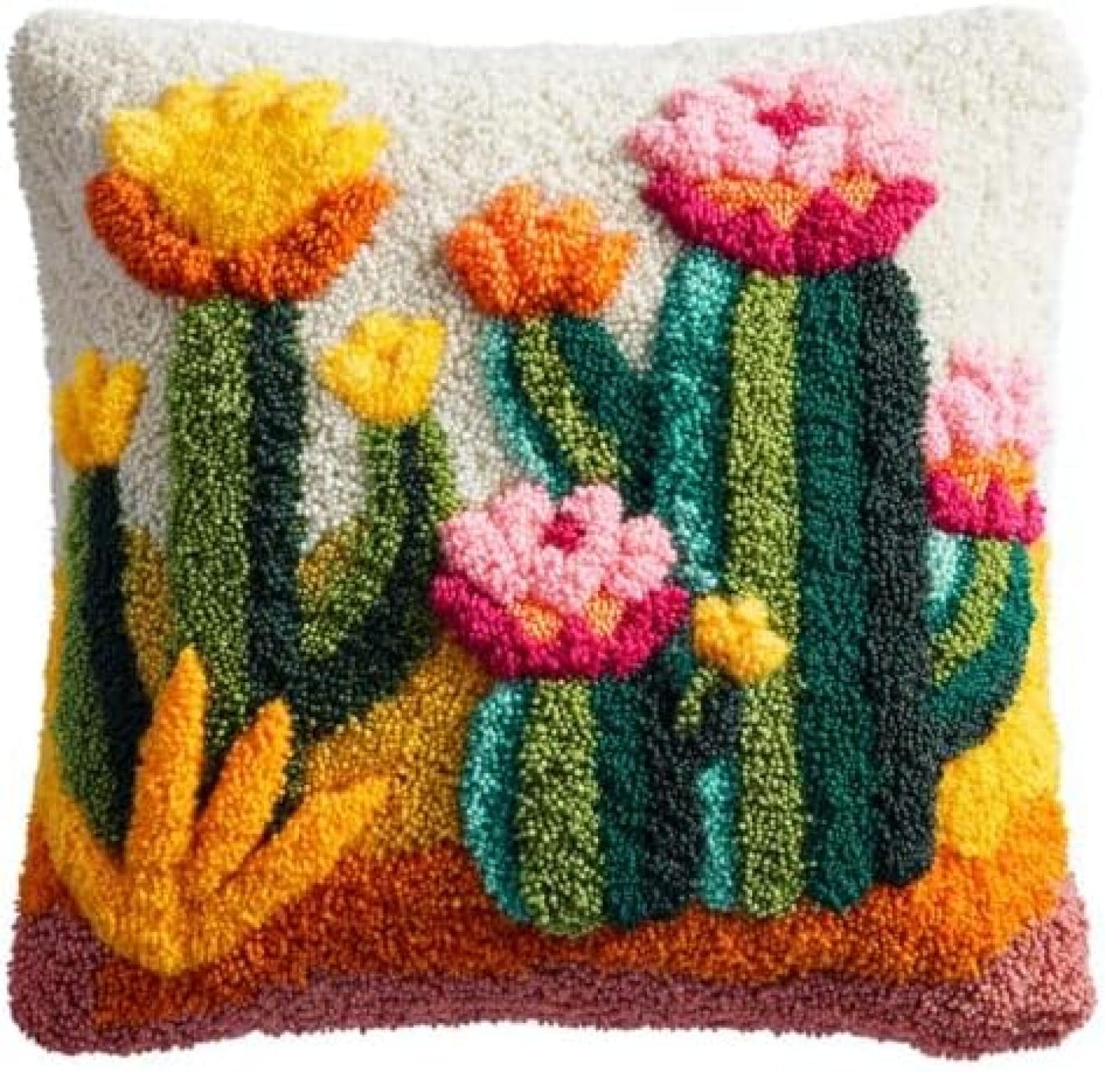 kitphoenix Latch Hook Cushion Kit for Adults,Cactus Flowers and Green Leaves,Beginner Friendly DIY Craft Set with Pre-Cut Yarn,Hook and Printed Canvas,43x43 cm Cushion Cover