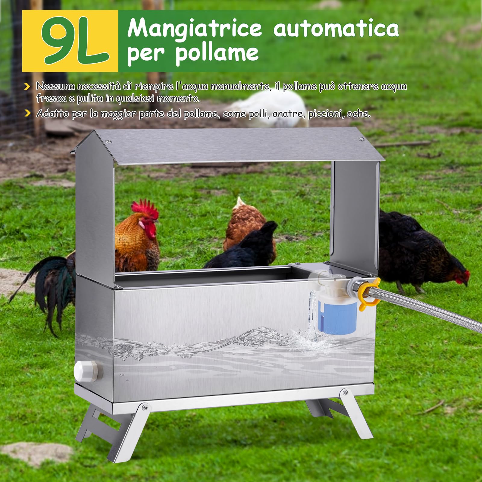 Abbeveratoio Automatico Per Polli Abbeveratoio Automatico in Acciaio Inossidabile Con Valvola A Galleggiante E Piedini in Metallo Di Grande Capacità Per Polli Anatre Piccioni Oche (9 L)