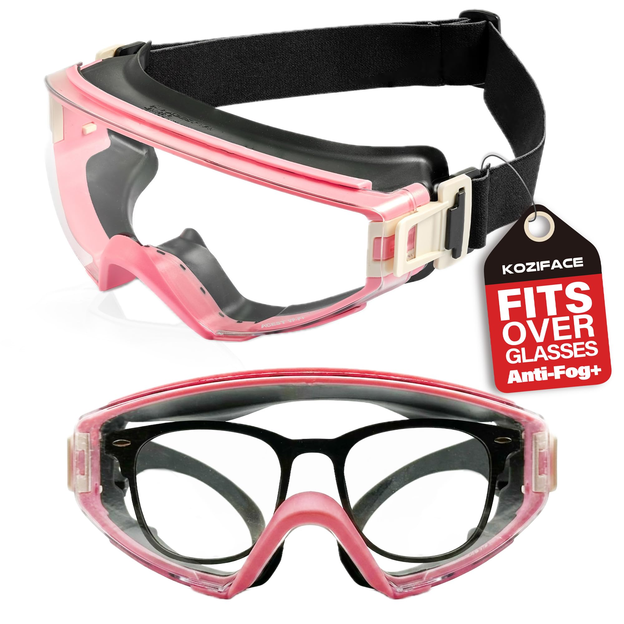 Koziface S60Z Schutzbrille für Damen und Herren, verstellbarer, elastischer Kopfbandriemen, 2 Tragevarianten, schützend, schwarz, rosa, zertifiziert, Laborschlagfestigkeit, Anti-Beschlag, Staub