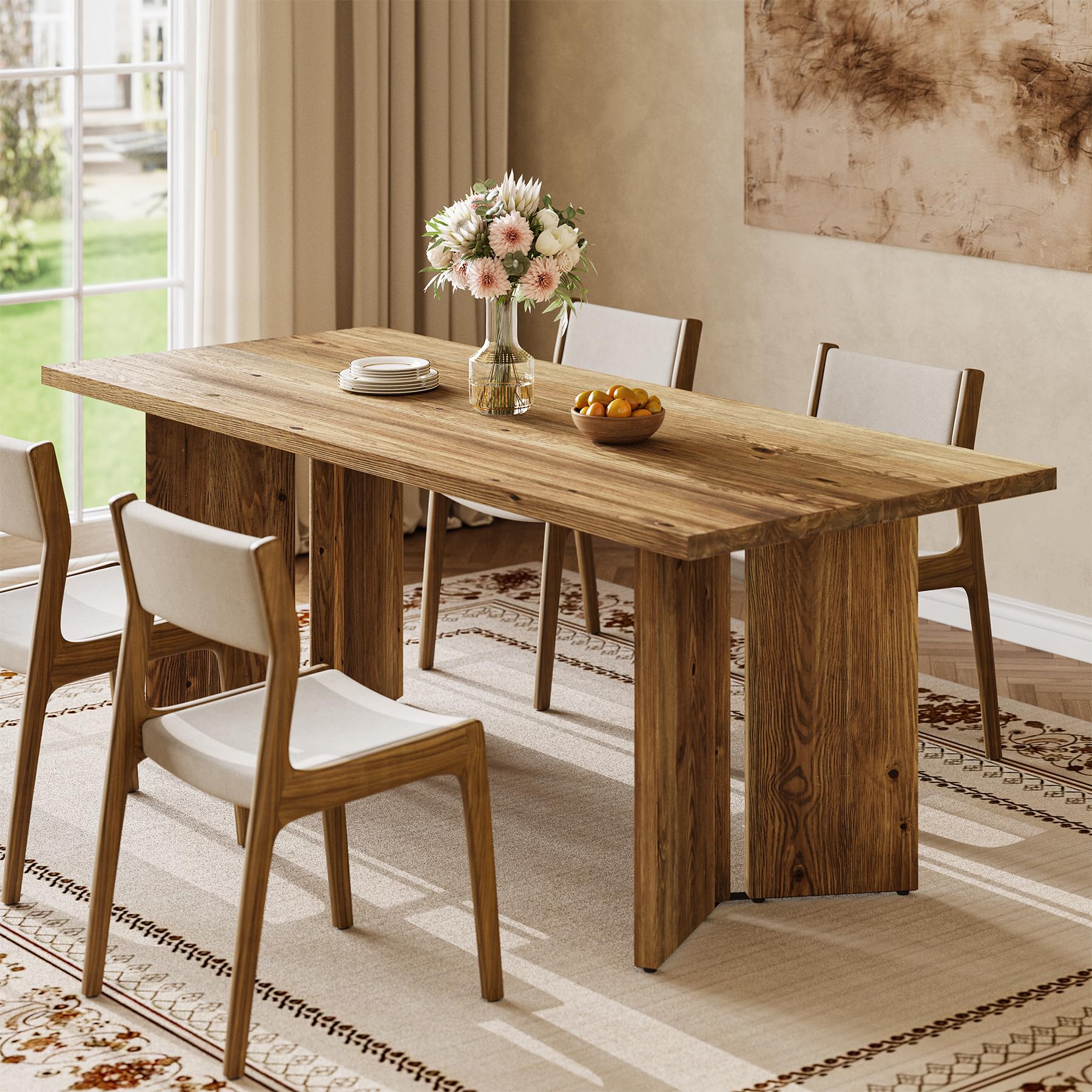 TRIBEWOOD Solid Wood Dining Table for 4-6, 63-Inch Rustic Brown Kitchen Dinner Table with Large Tabletop, Farmhouse Style Rectangular Dinner Furniture for Dining Room, Living Room, Kitchen