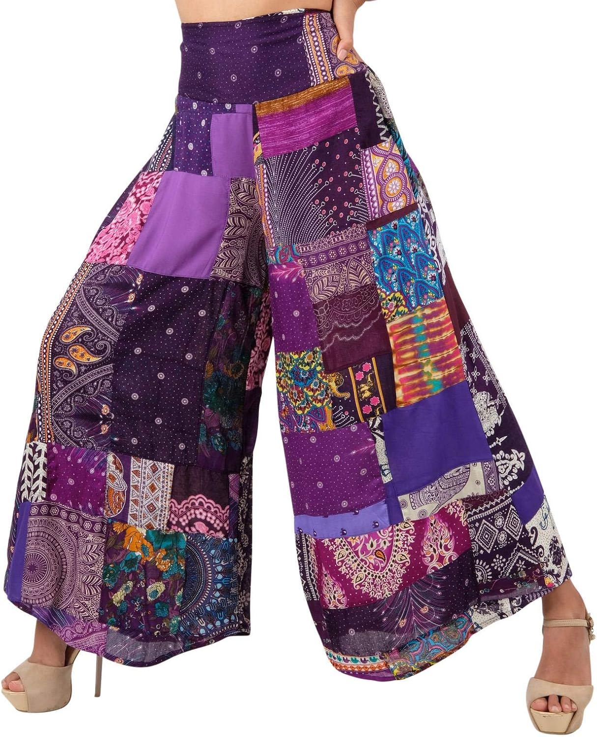 LOFBAZ Women's Patchwork Wide Leg Palazzo Pants Yoga Hippie Harem Trousers