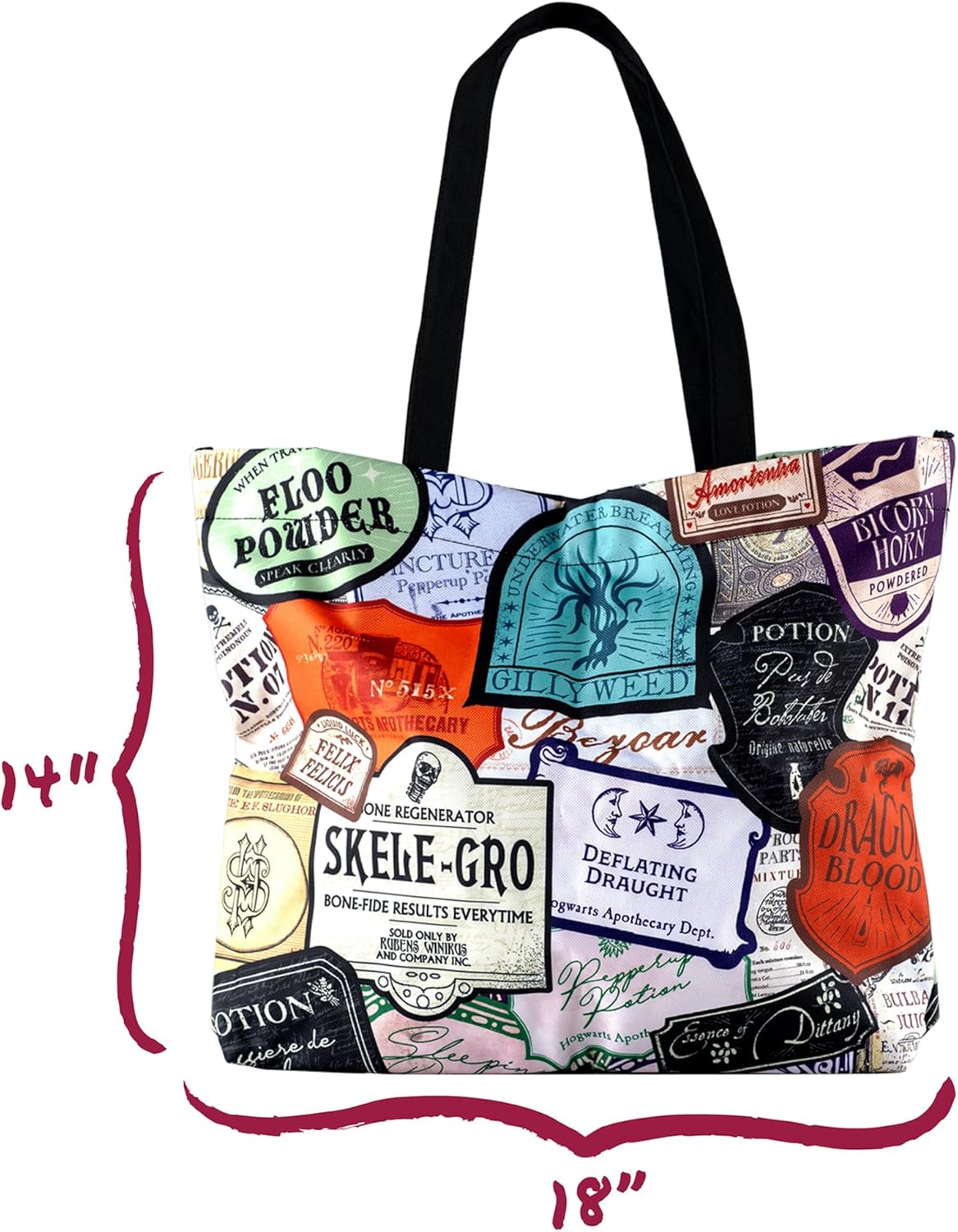 CON*QUEST Harry Potter Potions Labels Tote Bag, Durable Woven Polyester, Snap Closure, Patterned Inside Pocket, Elastic Wand/Pen Loop, 18''x14''x4'', Officially Licensed Wizarding World Merchandise - Image 9