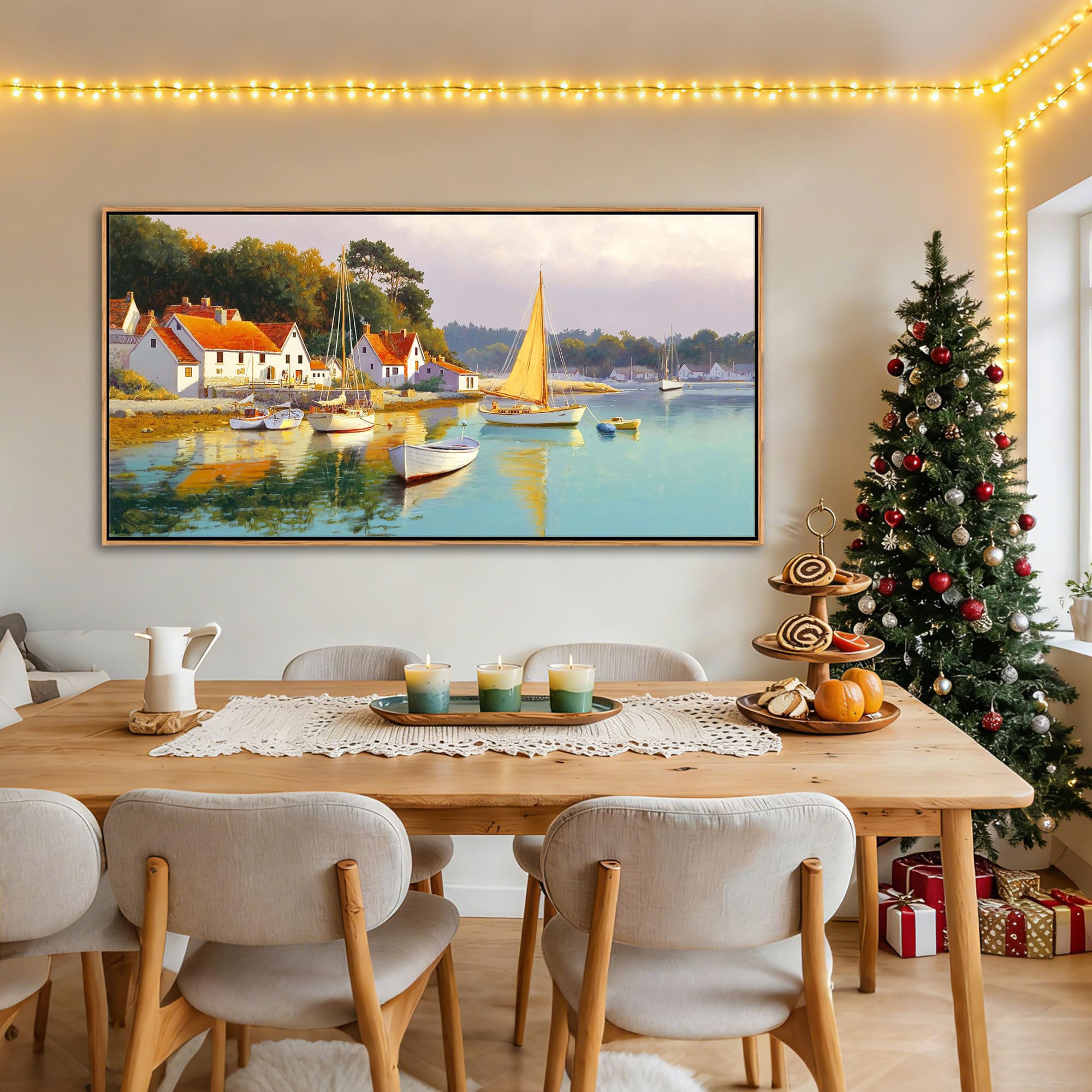 AJAZIKO Coastal Wall Art - Rustic Ocean &amp; boat Canvas Art for Living Room &amp; Bedroom Decor - Framed Landscape Artwork for Walls - Italian Farmhouse &amp; Country Wall Decor Print Pictures29x58IN