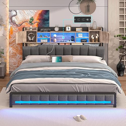 CSZZD Queen Bed Frame with Storage Bookcase Headboard & LED Lights, Upholstered Bed Frame Queen Size with USB Charging Station, Heavy Duty Metal Slats, No Box Spring Needed, Oak Gray