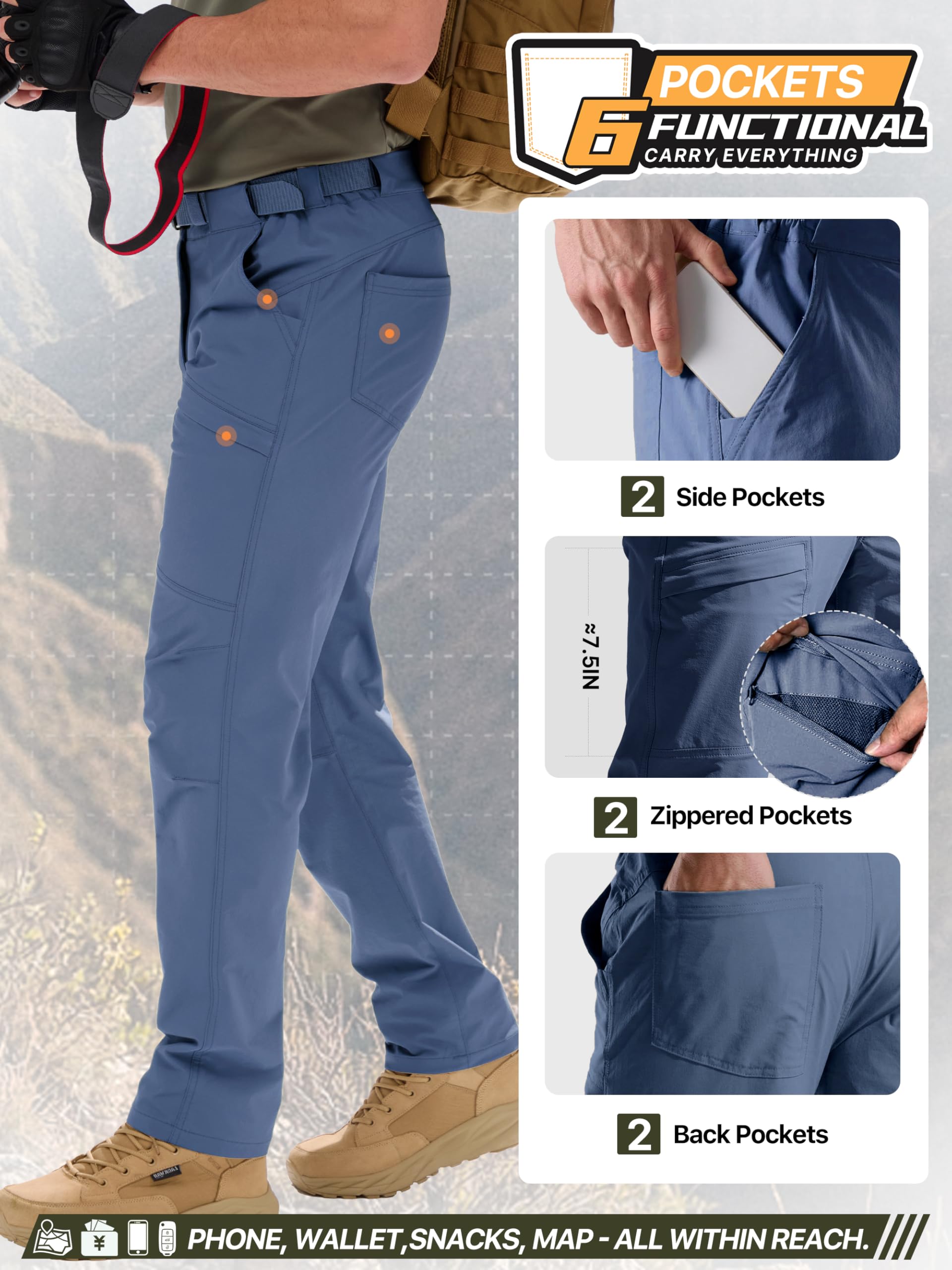 FREE SOLDIER Pantaloni Cargo da Trekking da Uomo con Cintura, Leggeri, Impermeabili e Asciugatura Rapida in Nylon-Spandex