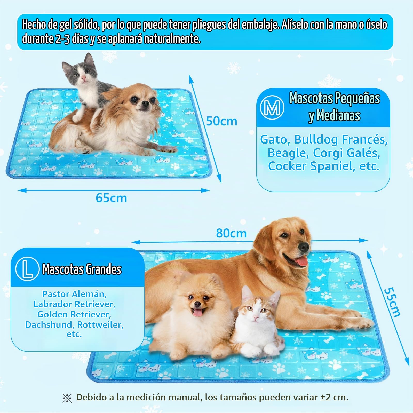 Manta Fria para Perros y Gatos, Manta Refrescante Perro con Gel Sólido No Tóxico, Cama Fria para Gatos, Duradera, Mascotas Pequeñas, Medianas y Grandes