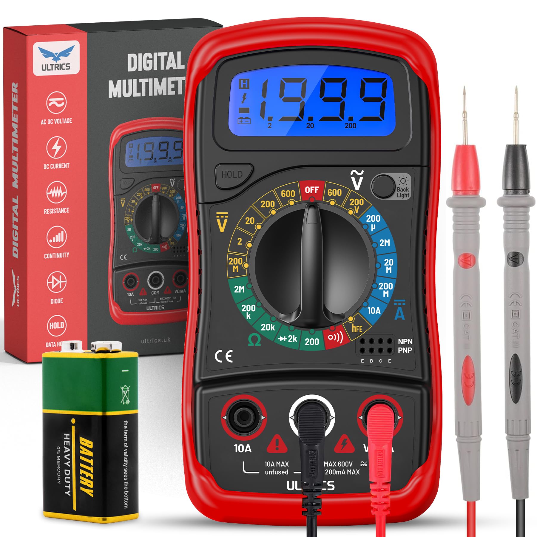 Multimetro Digitale Professionale WinGluge - Tester Elettrico Con Display LCD Retroilluminato Per Misurare Tensione, Corrente E Resistenza