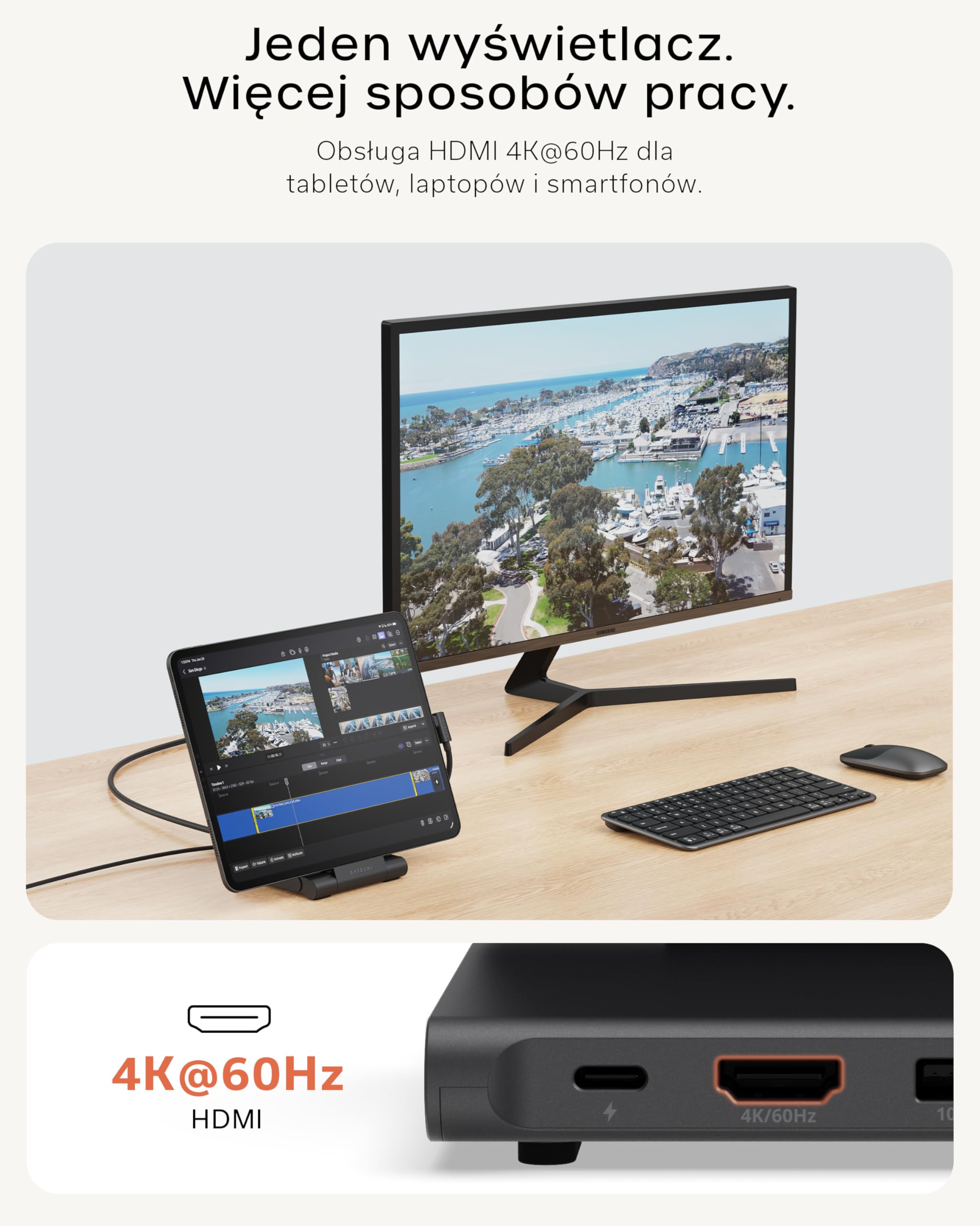 SATECHI USB-C Stand Hub, Składana stacja robocza z rozszerzeniem obrazu HDMI 4K@60Hz i ładowaniem 100W Power Delivery, zaprojektowana do tabletów, laptopów i smartfonów do 13 cali, czarna