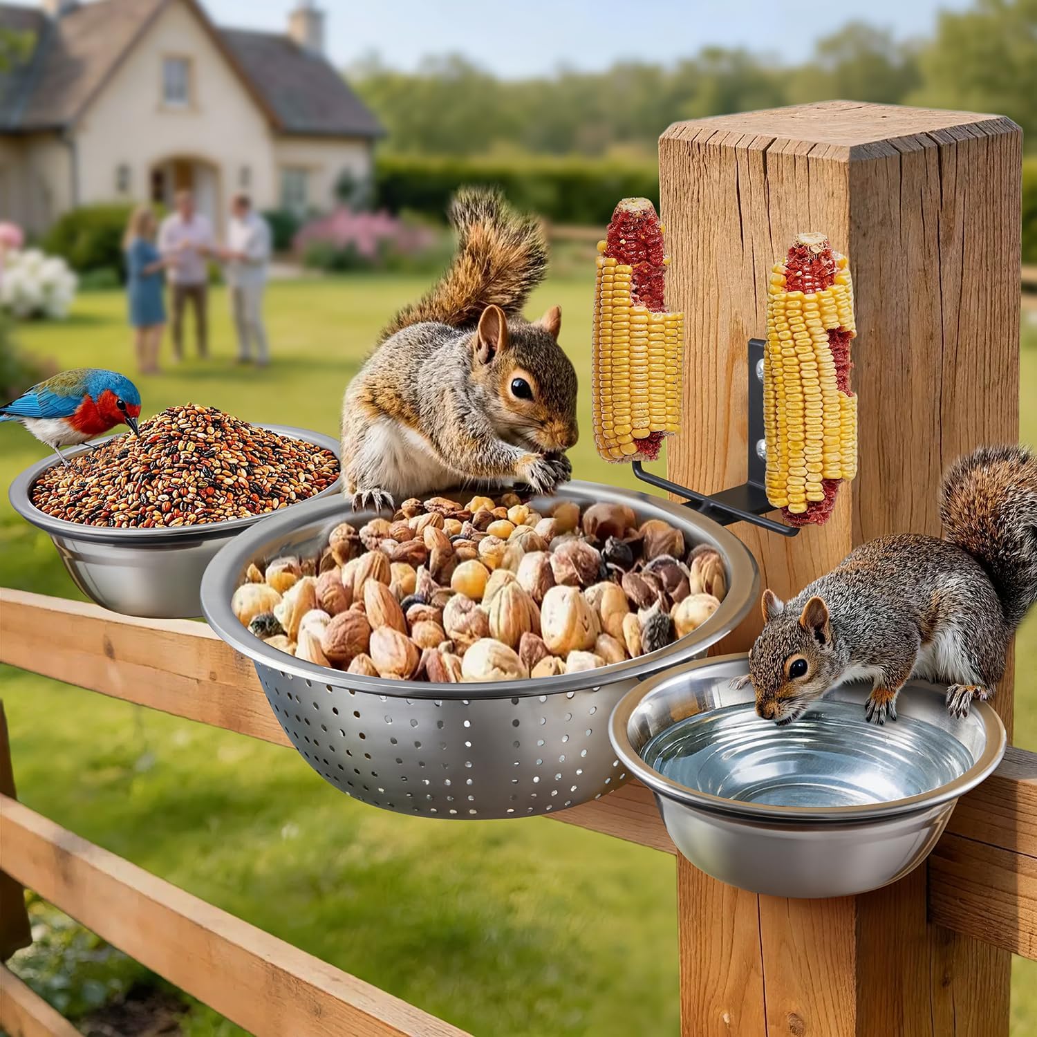 3 Bowls Squirrel Feeders for Outside, Bird Water Bath Feeder for Tree, Fence, Backyard, 2 Corn Cob Holders for Outdoor, Multiple Food Fun