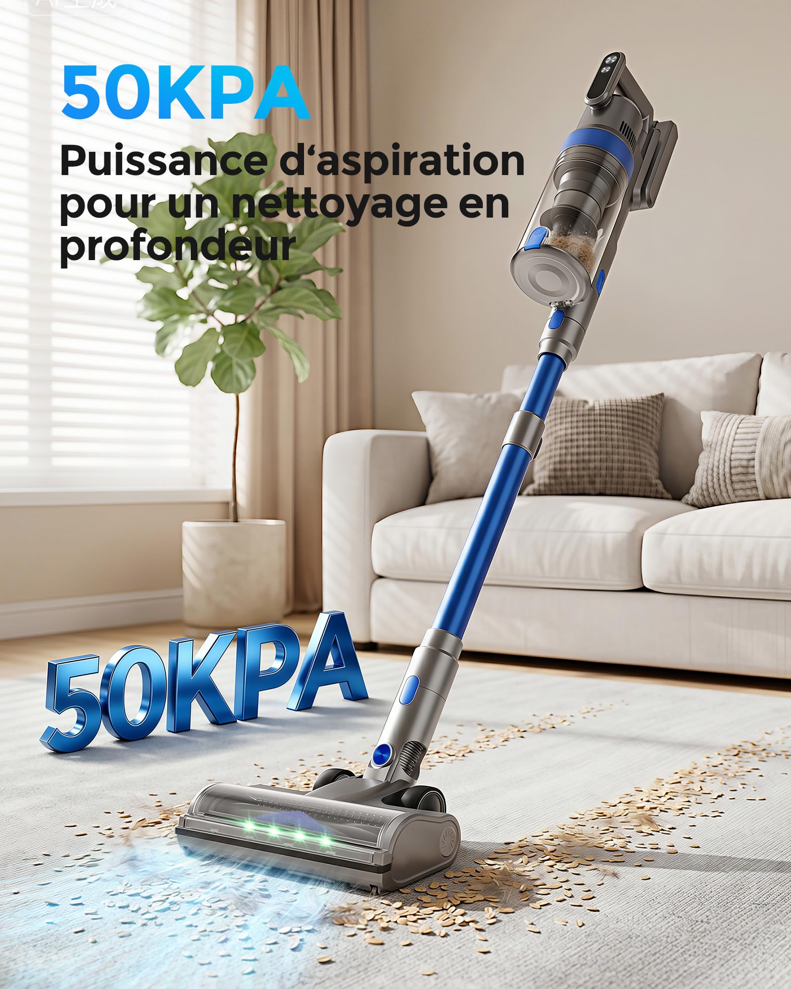 Aspirateur Balai sans Fil, 50Kpa/60Min Léger Aspirateur sans Fil, Auto-Stable, Brosse Anti-enchevêtrement, Écran LED Intelligent, pour Poils d'animaux, sols durs et Tapis,Bleu
