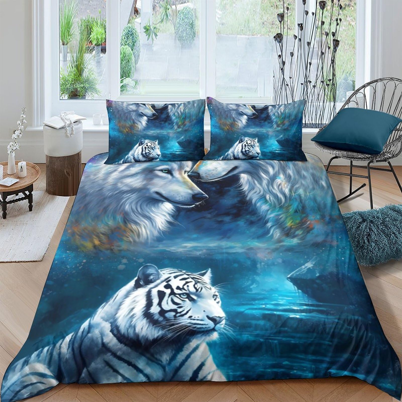 GPLZQXKJNH 3D Printed White Tiger Duvet Cover Set Microfiber Blue Animal Bedding with 2 Pillowcases for Bedroom Decor Single（135x200cm）