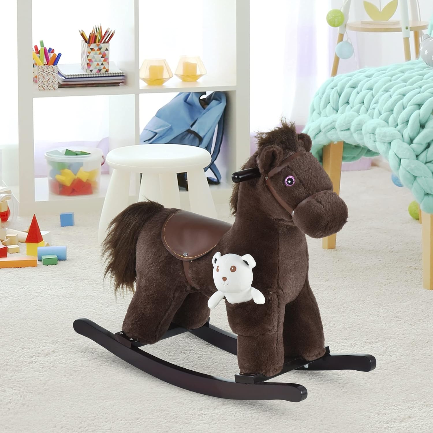 Plush Rocking Horse with Wooden Rocker Base for Gentle Back-and-Forth Motion and Comfortable Seating Experience