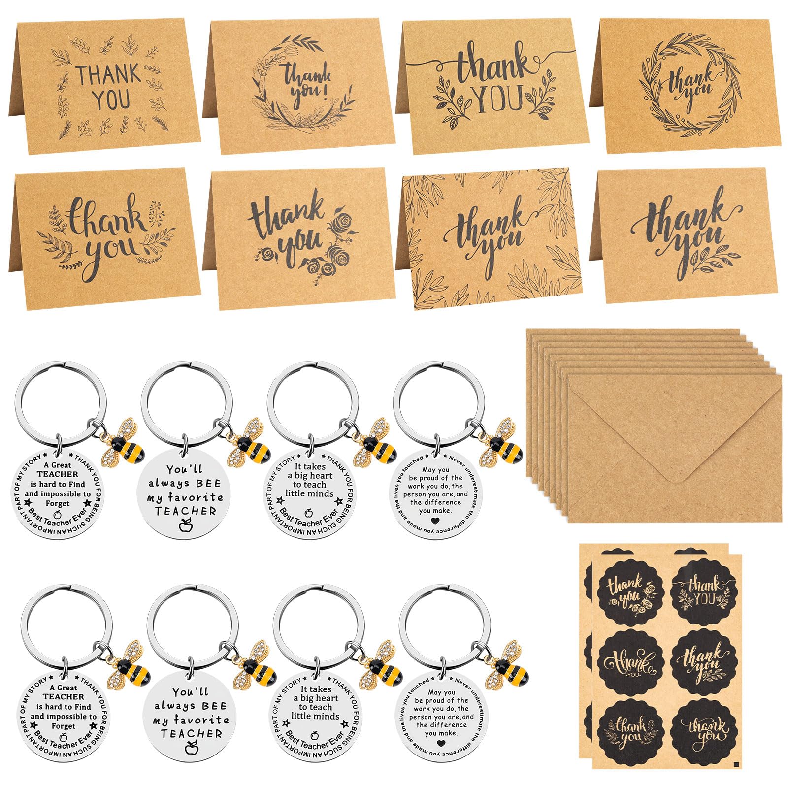 Thank You Teacher Gifts Set Thank You Cards with Envelopes & Teacher Appreciation Keyring 8PCS Kraft Thank You Notes Cards Envelopes Stickers Inspirational Keychains for Teacher Thanksgiving Graduatio