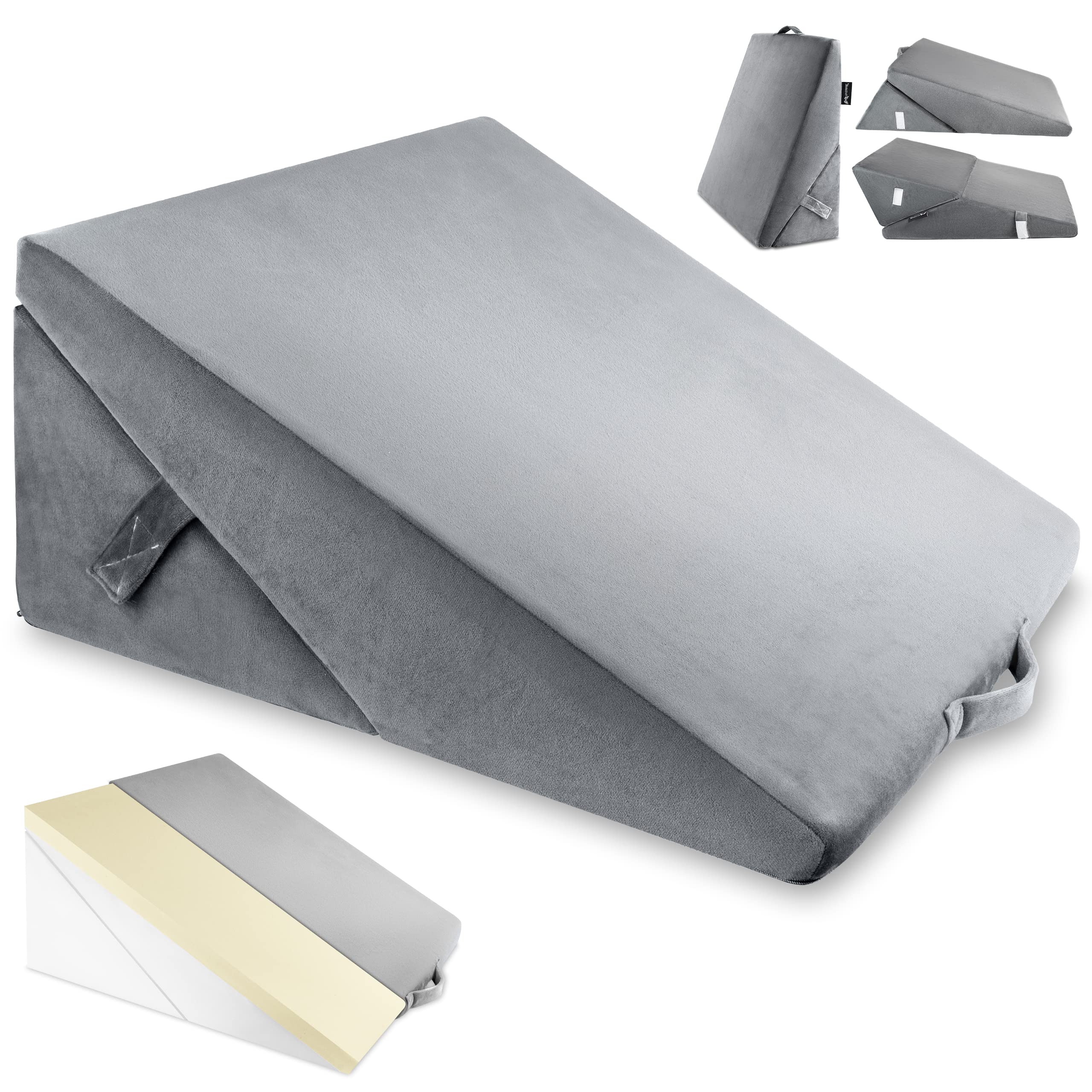 AviiatoR® Grey Folding Bed Wedge Pillow 7-in-1 Memory Foam Orthopaedic Support - for Acid Reflux, GERD, Reduce Back Pain, Snoring and Breathing Problems - Great for Sleeping, Reading, Rest Elevation…