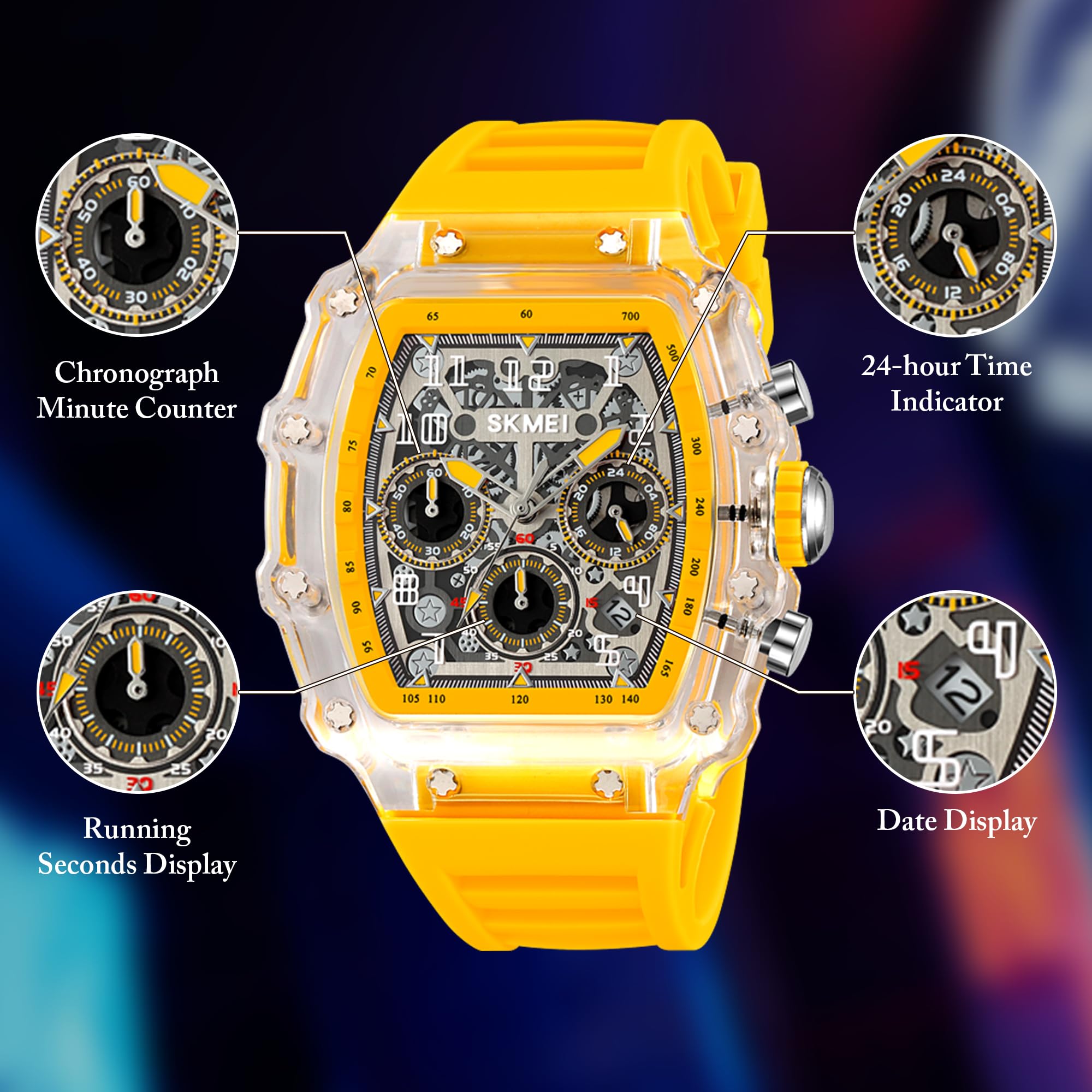SKMEI Orologi automatici da uomo alla moda con cinturino in silicone scheletro impermeabile fino a 50 m