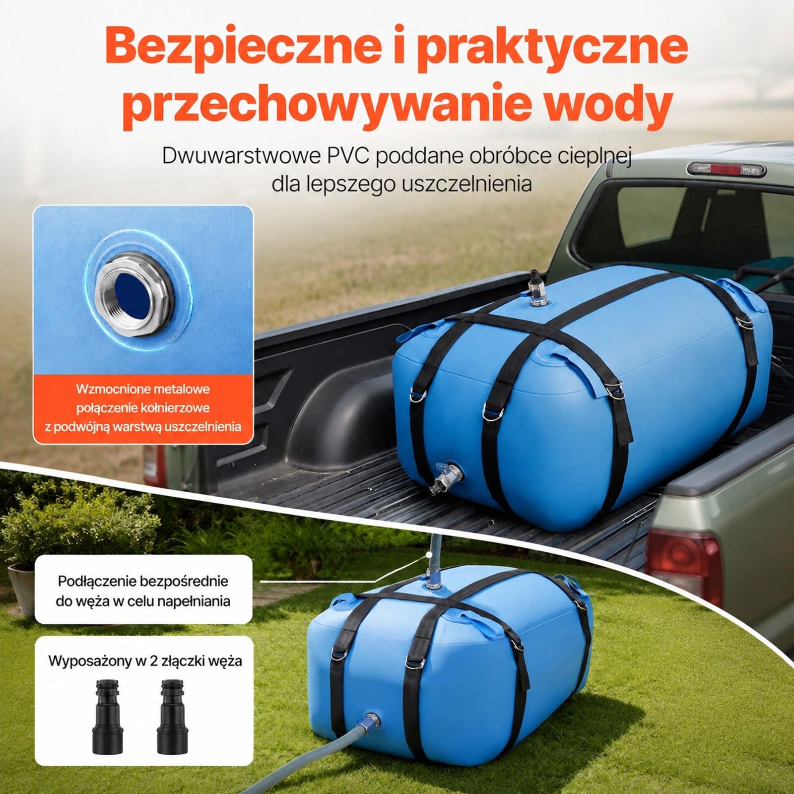 Worek do przechowywania wody 132 l / 35 gal, niebieski miękki worek TPU z nakrętką wlotu, pętlami mocującymi i akcesoriami do kampera, biwaku i nawadniania