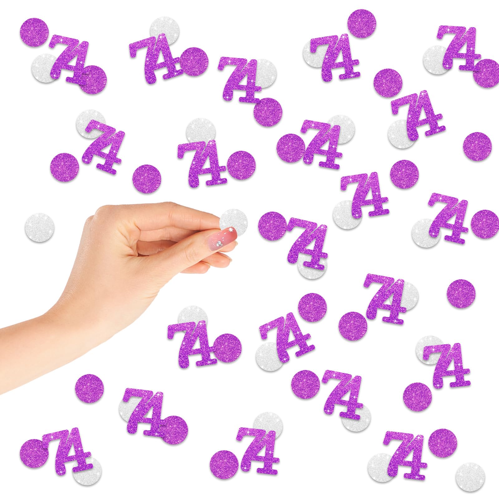 Number 74 Confetti, 74th Birthday Table Confetti, Purple Silver Dots Paper Scatters, Purple Seventy-Four Cut Out for Anniversary/Birthday Party Table Decoration - 200PCS