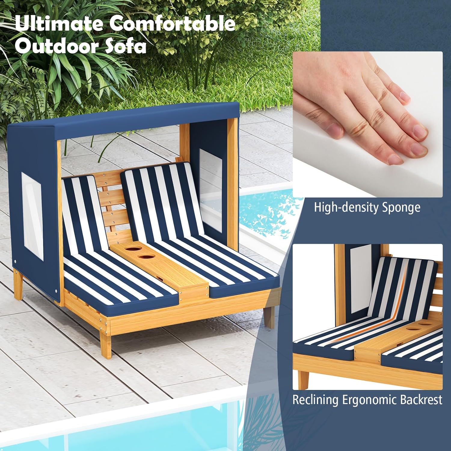 COSTWAY Kids Double Chaise Lounge Outdoor, 2-Seat Patio Lounge Chair with Cup Holders & Cushions, Kids Pool Lounger with Canopy, Wood Patio Furniture for Children Boys Girls 3 Year Old (Navy)