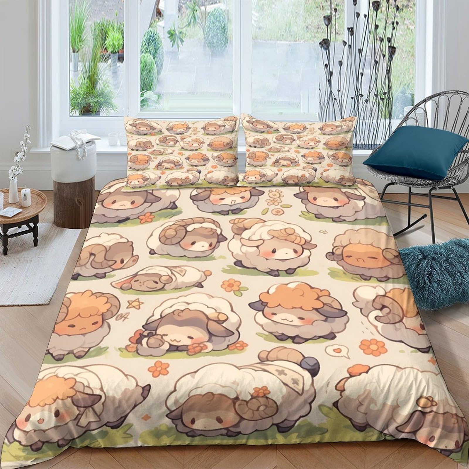 GPLZQXKJNH 3D Printed Cartoon Sheep Duvet Cover Microfiber Soft Breathable Animal Bedding Set with 2 Pillowcases for Bedroom Decor Single（135x200cm）