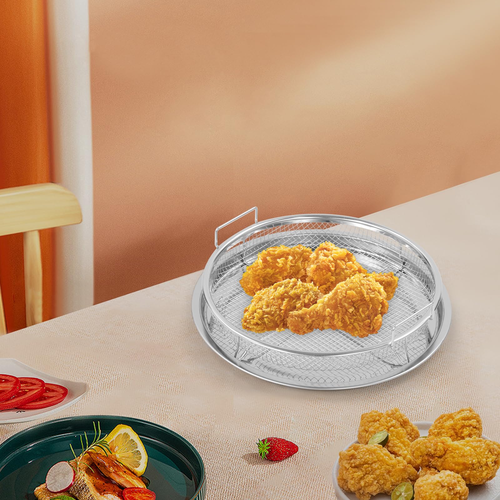 Griglia per barbecue, griglia per forno, griglia per barbecue, cestino in acciaio al carbonio, cestino per barbecue con manico, teglia per pollo, pesce, verdure (argento, rotondo)