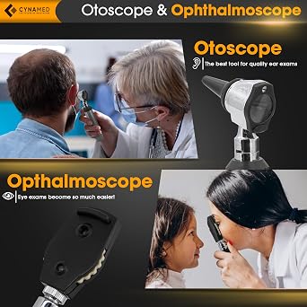 CynaMed ENT Diagnostic Kit - Ear, Nose, Throat Examination Instruments Set - Otoscope, Opthalmoscope, Earwax Remover, Nasal Dilator, Speculum, LED Lights, Mirrors, Replacement Tips, Leather Carry Bag