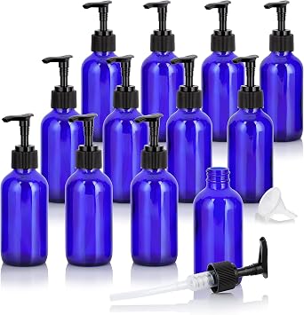 4 oz Cobalt Blue Glass Boston Round Bottle with Black Lotion Pump 12 Pack + Funnel