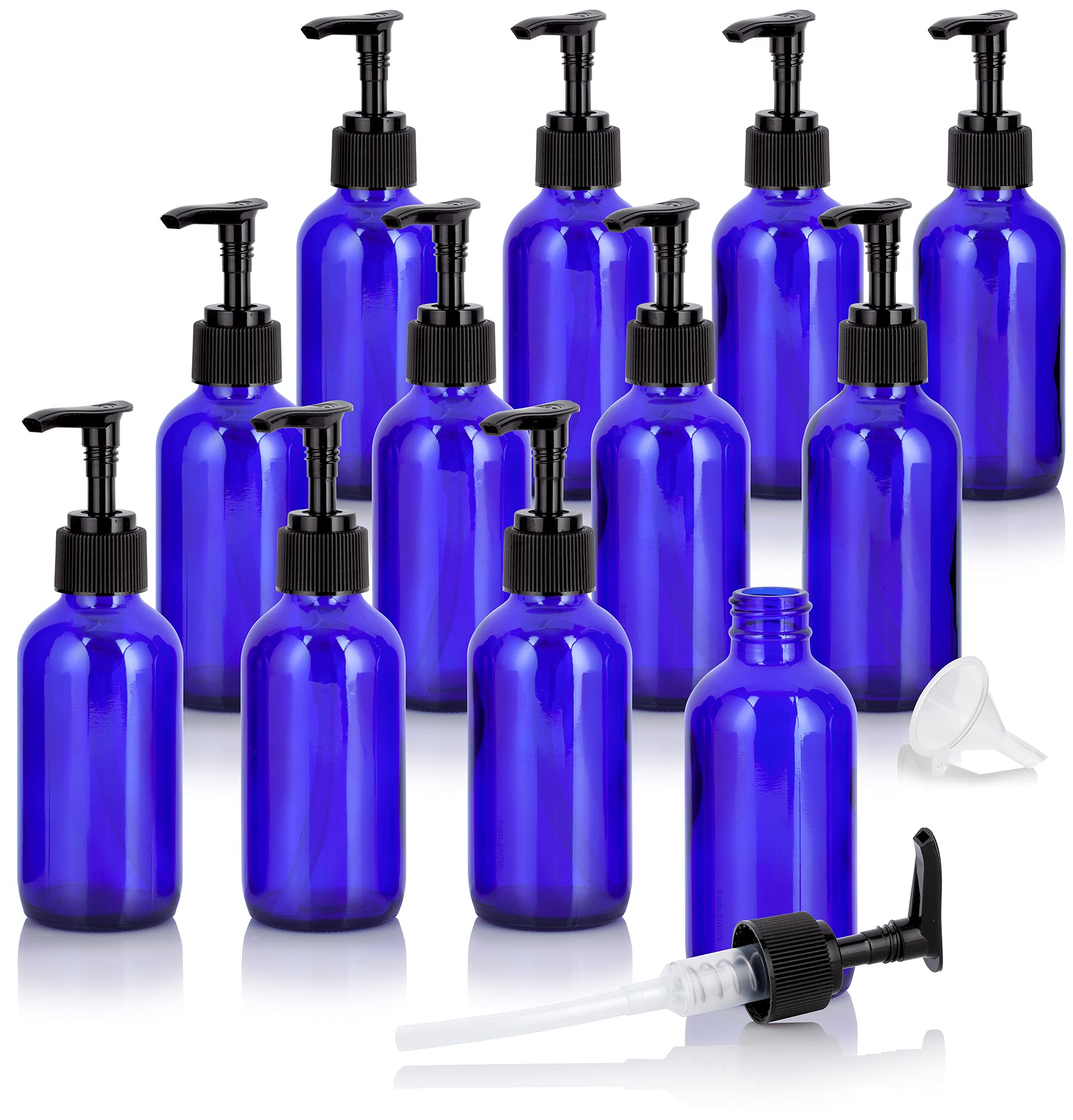 Flacons en verre bleu cobalt 120 ml avec pompe doseuse haute précision et entonnoir