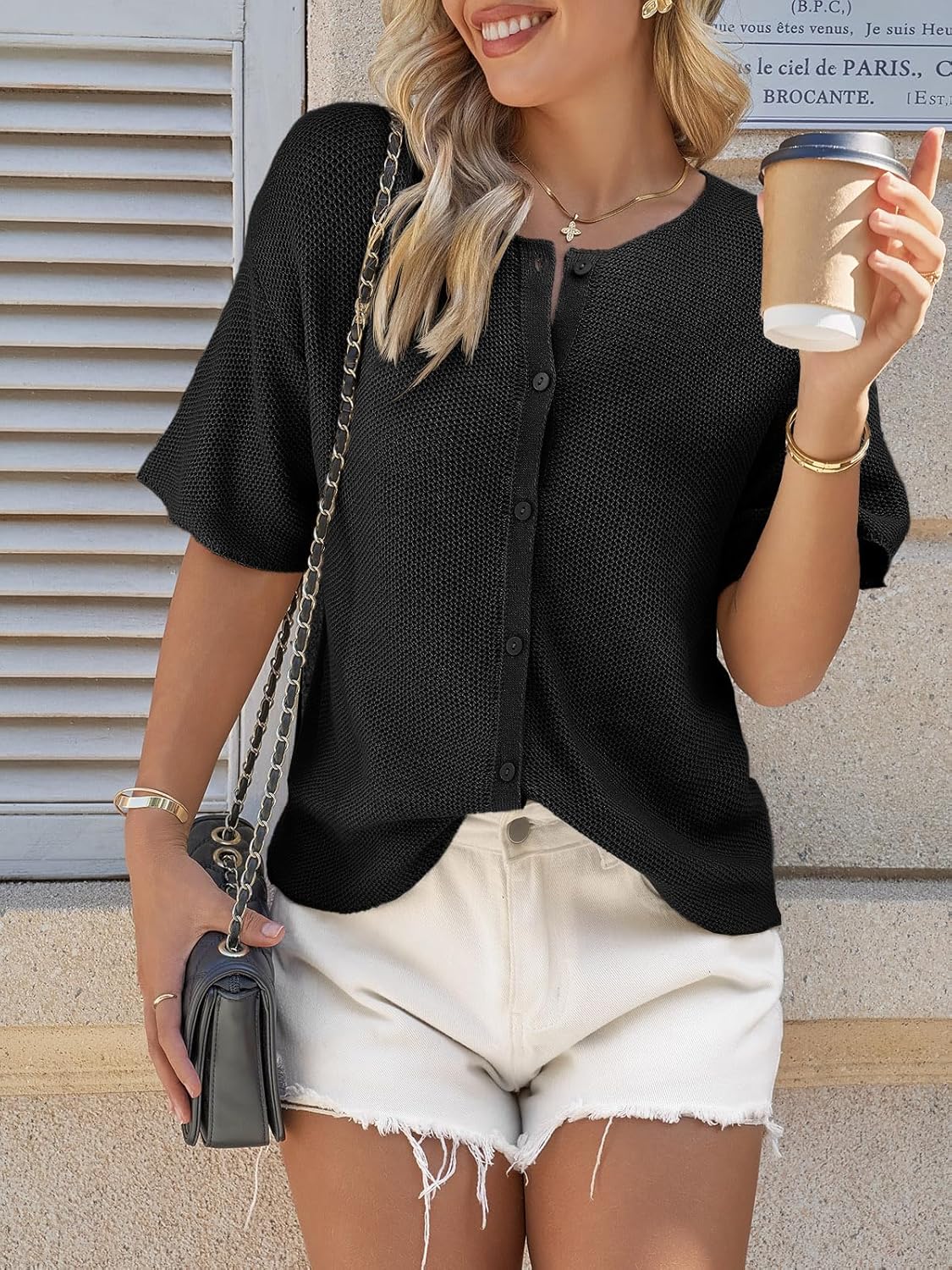 Saodimallsu Womens Short Sleeve Cardigan Summer Lightweight Button Down Waffle Knit Loose Crew Neck Sweater Tops - Image 4