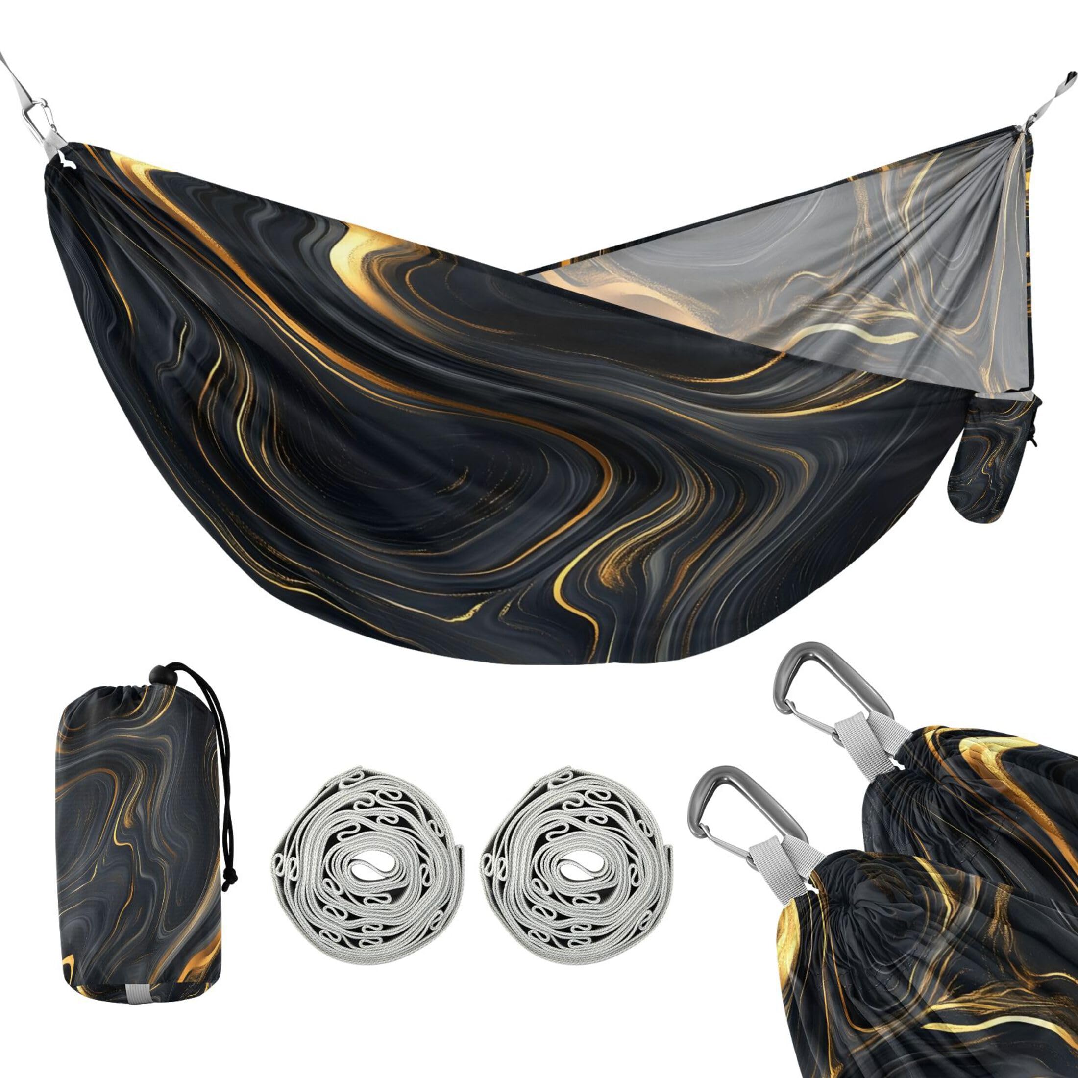 Takiito Gold Black Marble Hammock 330 lb Capacity Travel Camping Hammock with Tree Straps, Portable Lightweight for Outdoor Beach Backpacking Backyard Patio