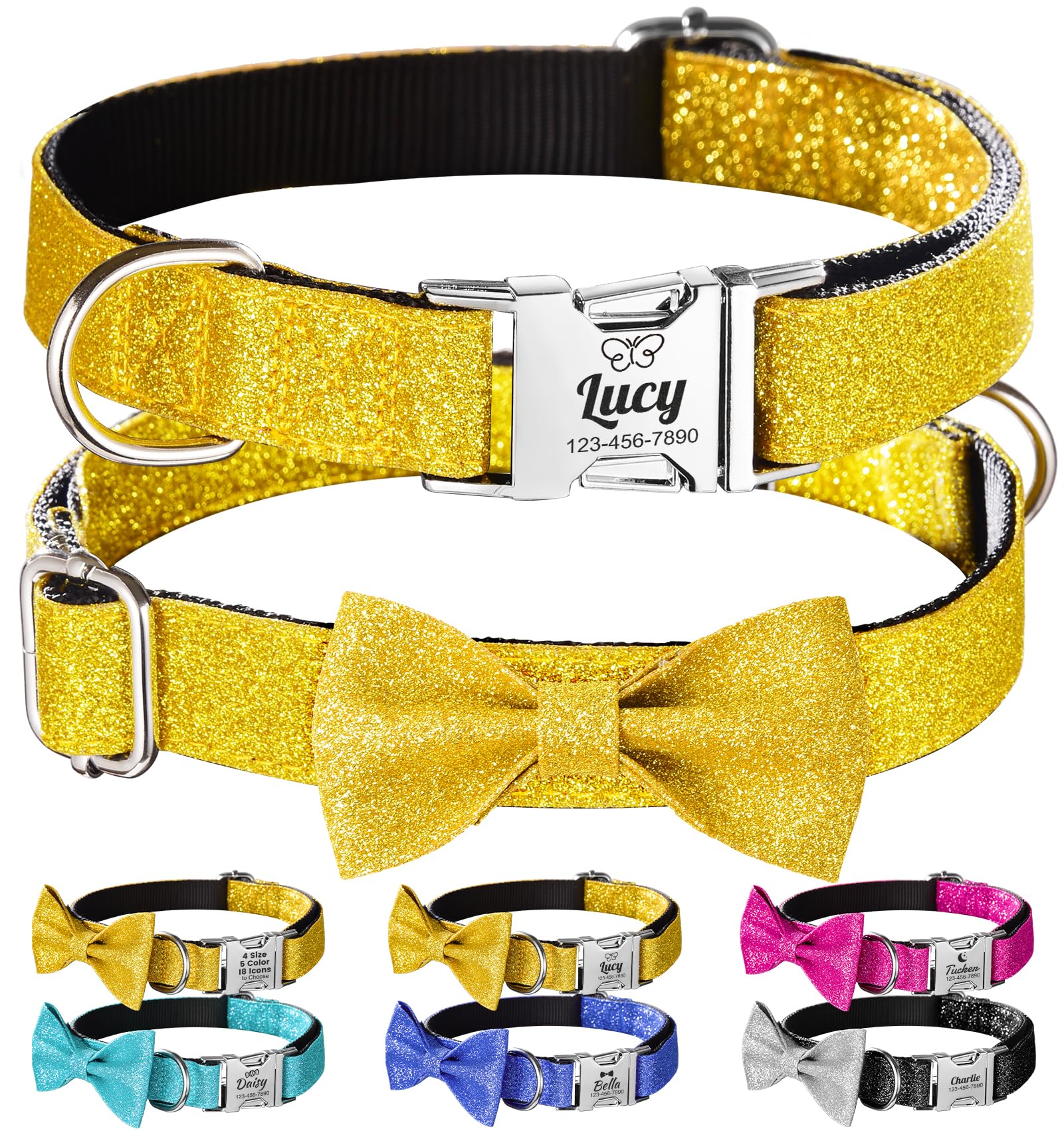 Personalized Bling Girl Dog Collar with Bowtie, Gliter Gold Dog Collar for Small Medium Large Dogs, Engraved Name and Phone Number, Pet Collar with Quick Release and Metal Buckle for Femal Girl Dogs