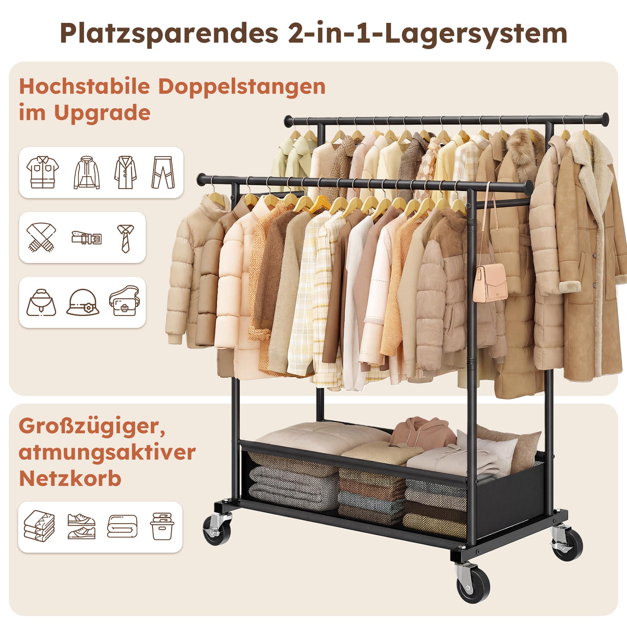 110cm Doppelter Kleiderständer auf Rollen, 110KG Traglast Stabil Kleiderständer mit 48L Wäschekorb, Kleiderstange für Mäntel, Jacken, Pullover, Kleider, Schlafzimmer, Mietwohnung, Schwarz