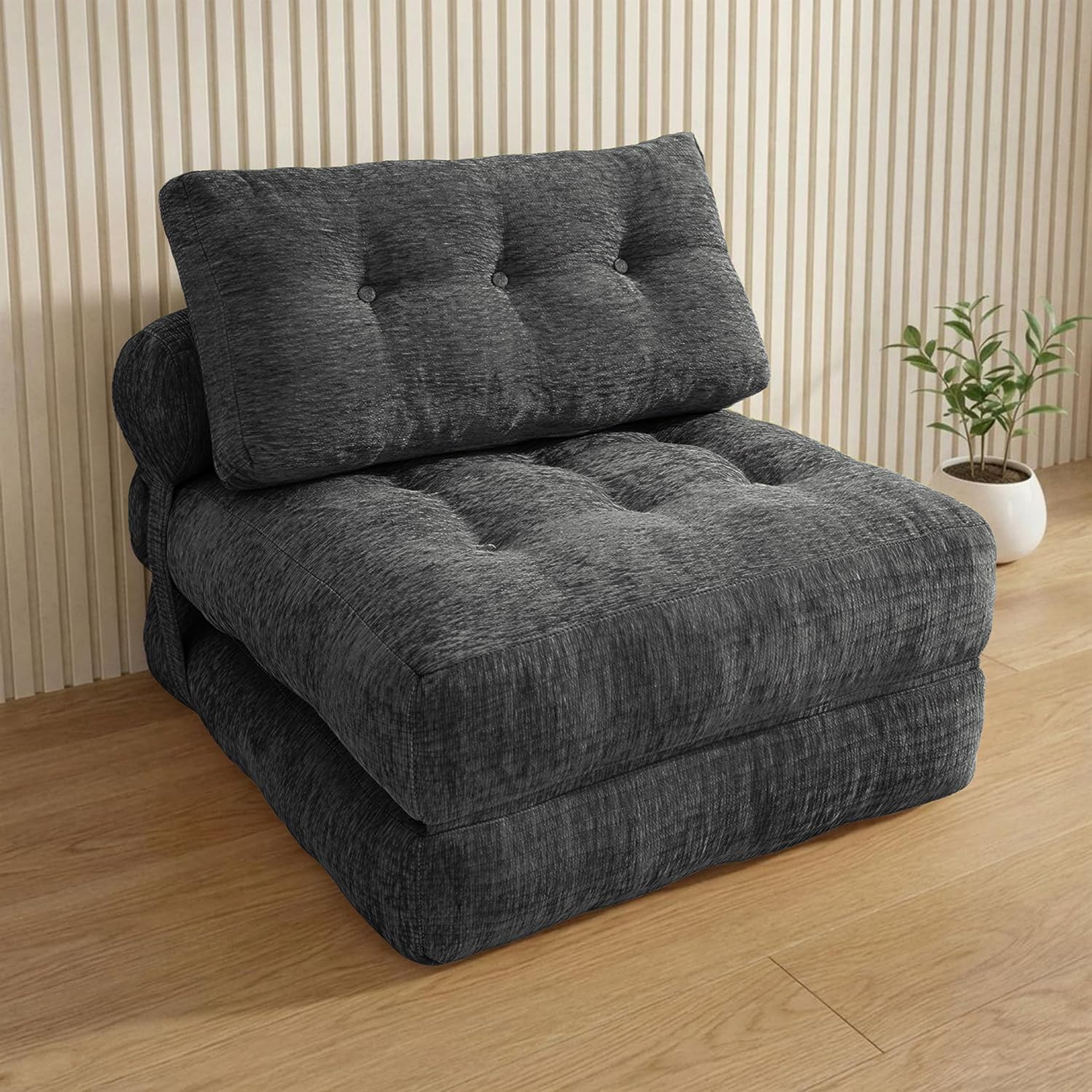 folding sofa bed, 3-in-1 boneless convertible floor futon with chaise & sleeper function, shredded foam lounge chair in chenille for living room, bedroom, kids room & apartment, charcoal