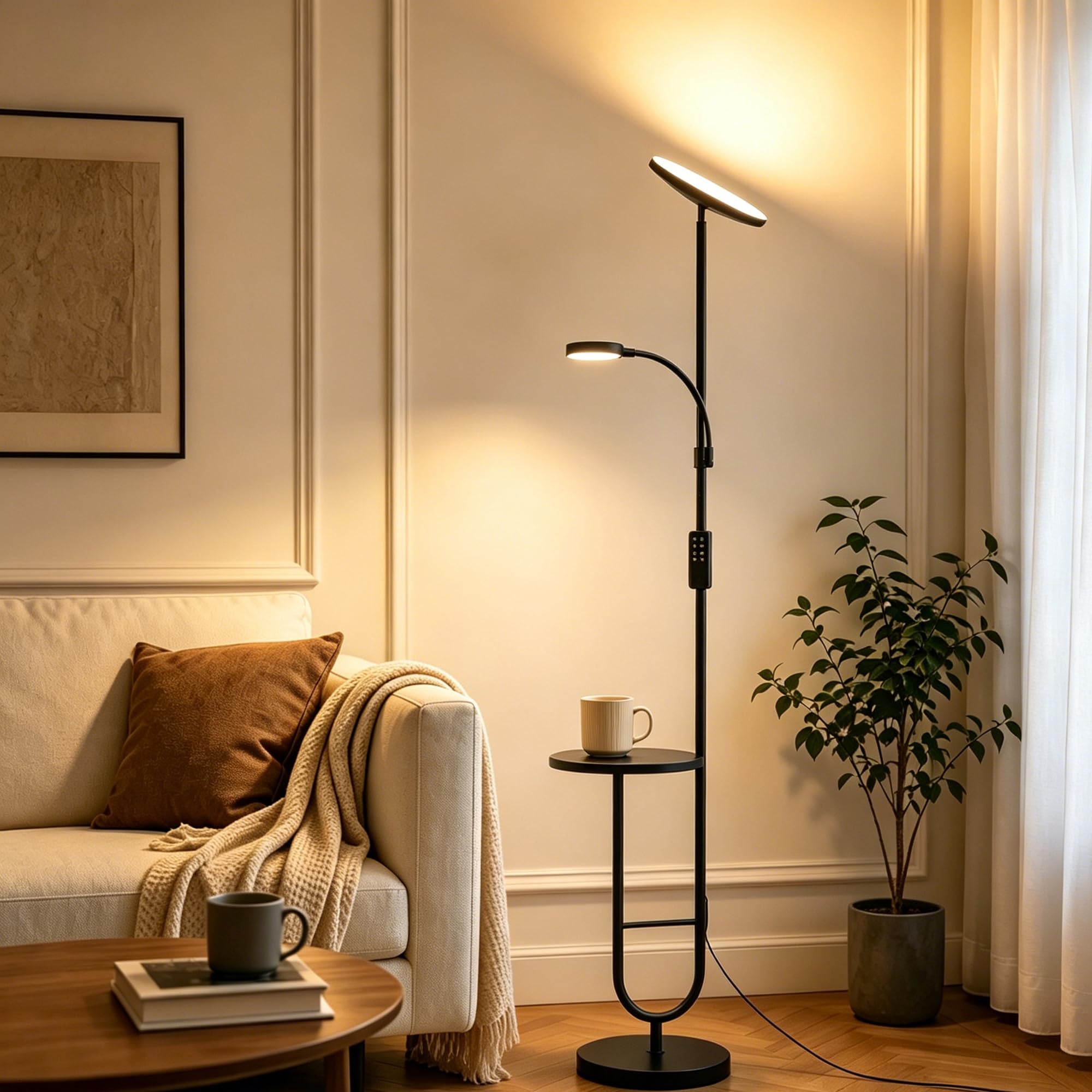 LuminexDesigns Floor Lamp with Table, 36 W + 7 W LED Floor Lamp Dimmable 3200 lm + 600 LM Modern Floor Lamp Living Room  Uplighter with Remote Control, 2700 K - 6500 K Black