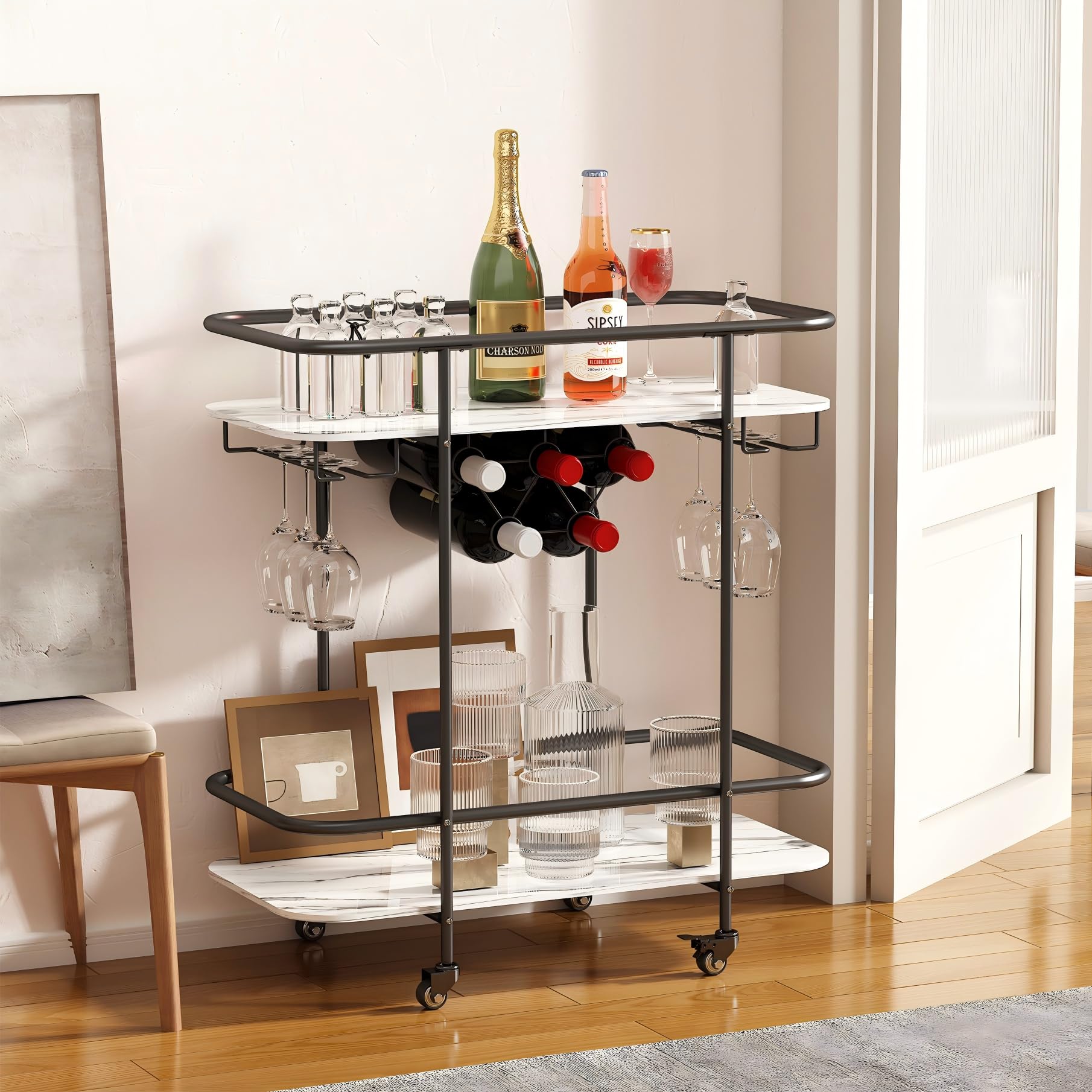 DAWNYIELD 2 Tier Mobile Drinks Trolley Bar Serving Cart on Wheels with Wine Rack and Glass Holder Modern Rolling Drinks Storage Trolley for Home Kitchen Party (Black)