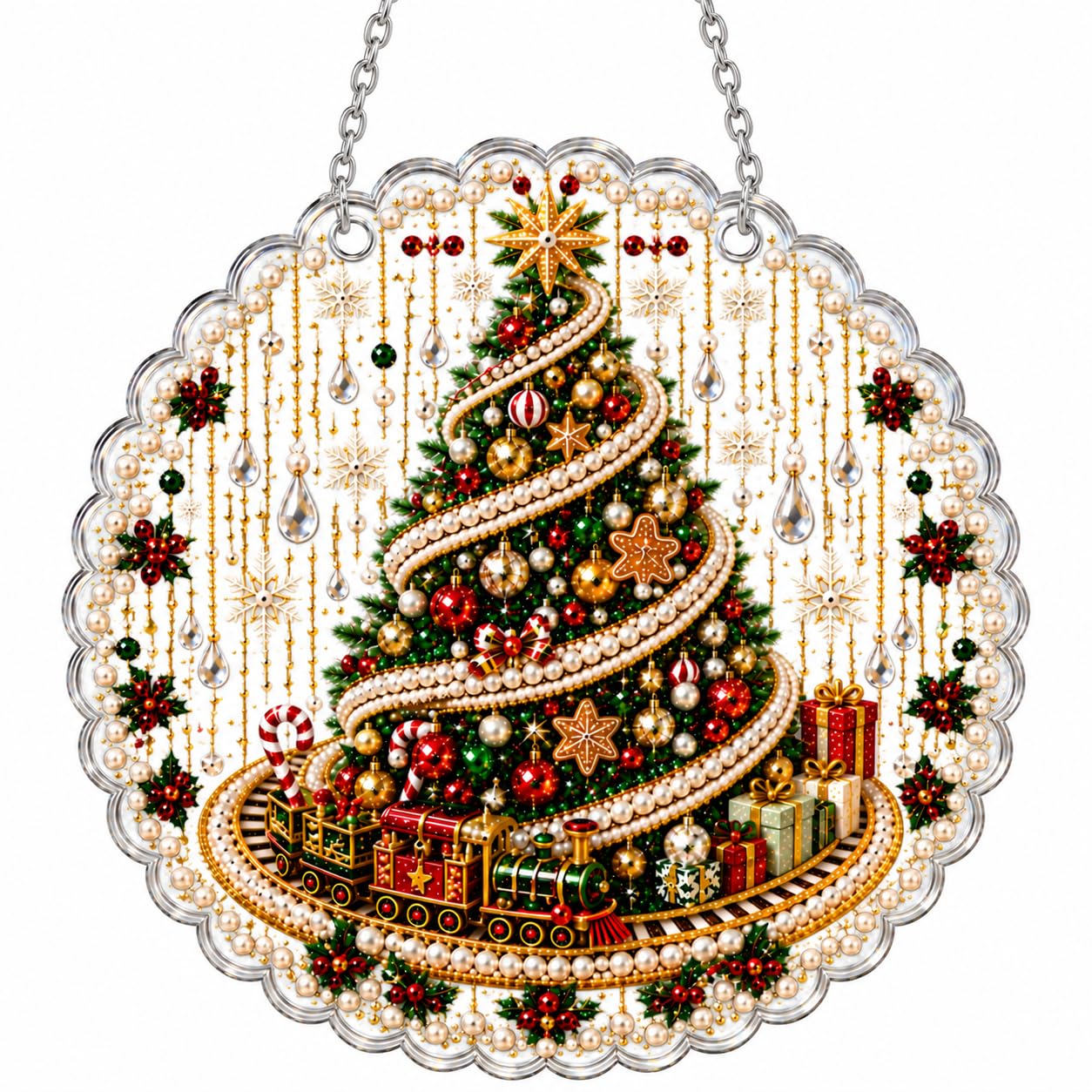 zyinoant Christmas Diamond Art Kits for Adults, DIY Pearl Art Kit Craft Hanging 3D Diamond Painting Art, Acrylic Round Lace with Metal Chain, Holiday for Window, Wall, Tree and Gift Decor (C, 12Inch)