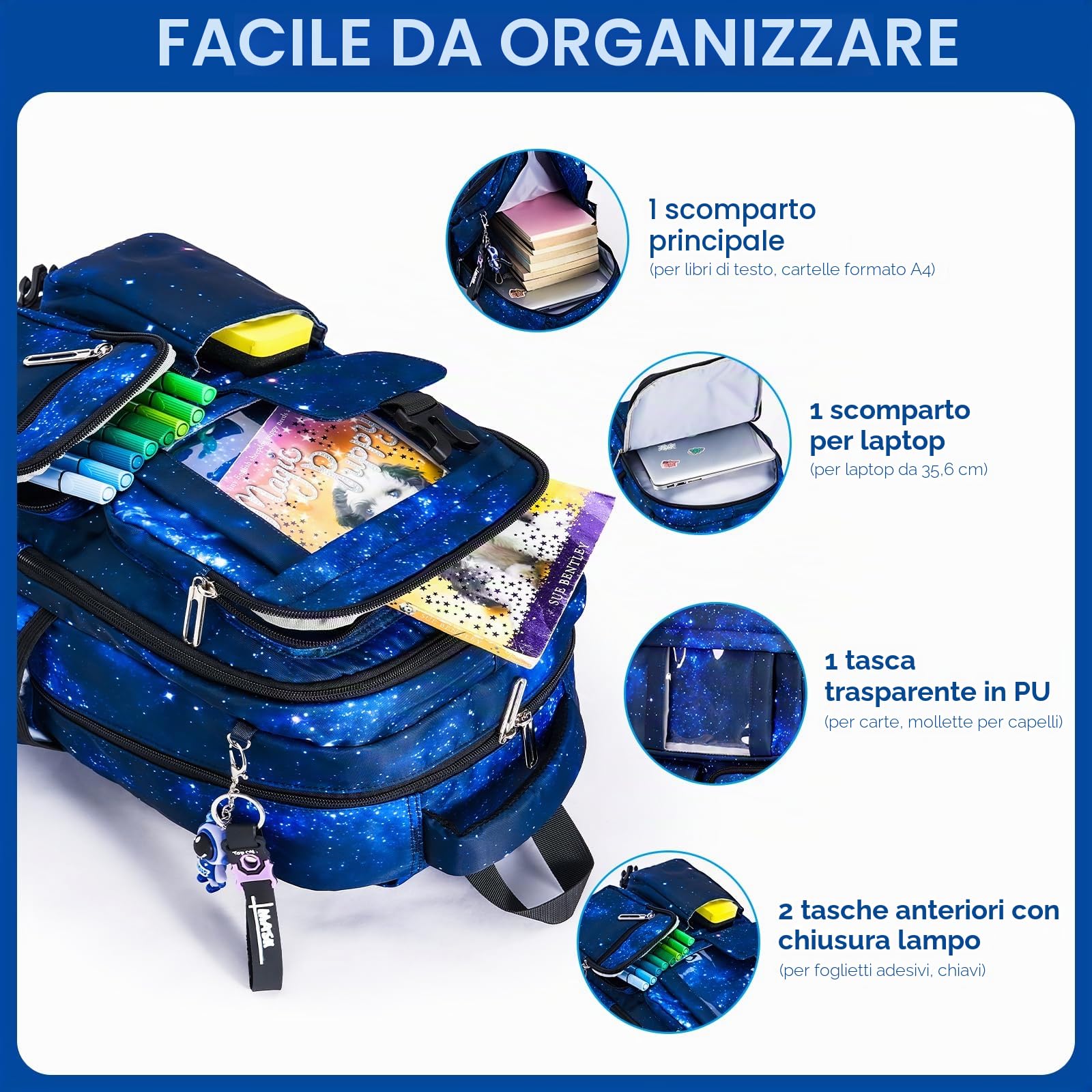 Amythe Zaino Scuola Elementare Bambino Traspirante, 7-12 anni | Zaini per Bambini dalla Prima alla Quinta Elementari, Zaino Ragazzo in Nylon Impermeabile con Ciondolo Astronauta, Blu Navy