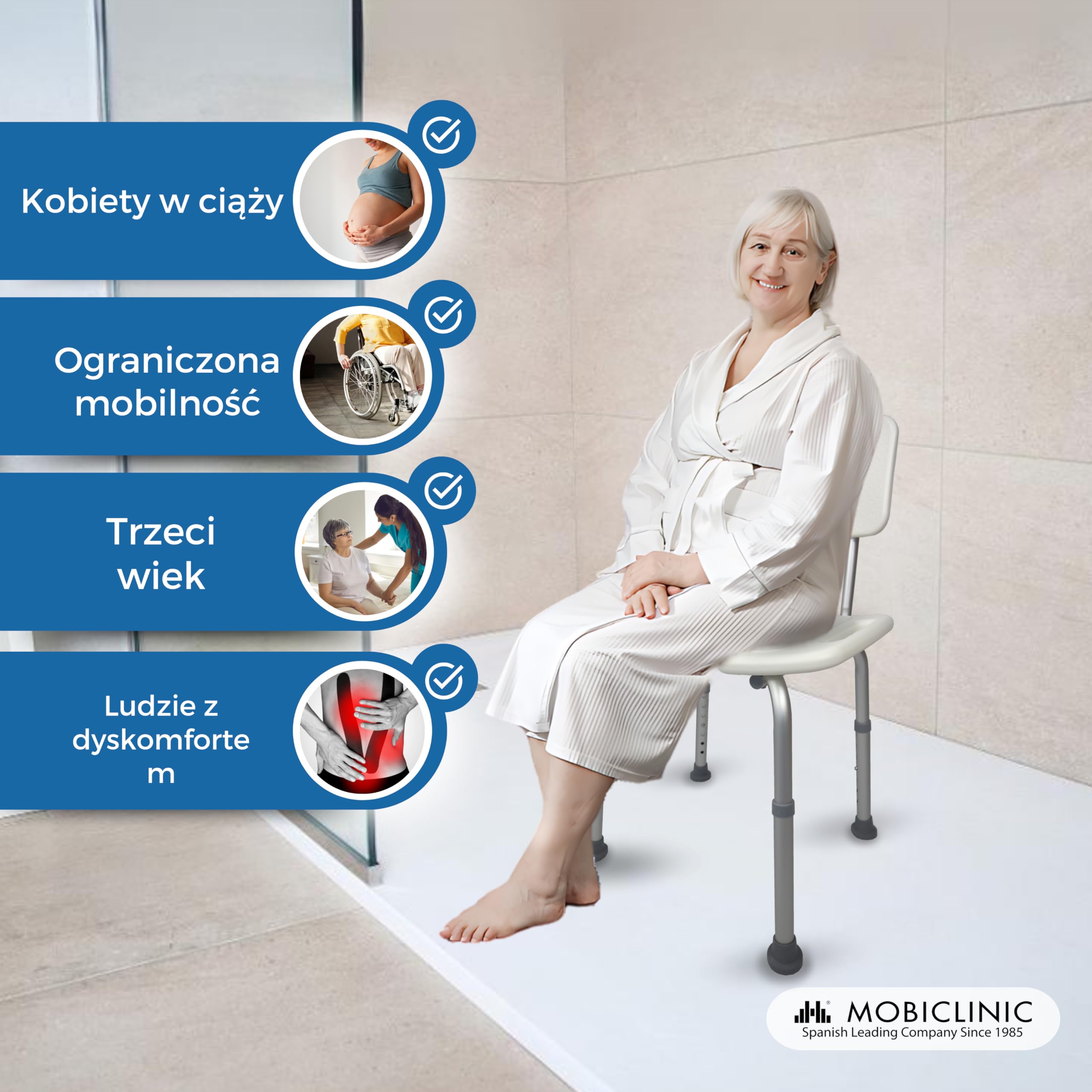 Mobiclinic, Oliwkowy, krzesło prysznicowe dla seniorów, ortopedyczny, stołek prysznicowy dla osób starszych, regulowana wysokość, krzesło do kąpieli z oparciem, antypoślizgowe uchwyty