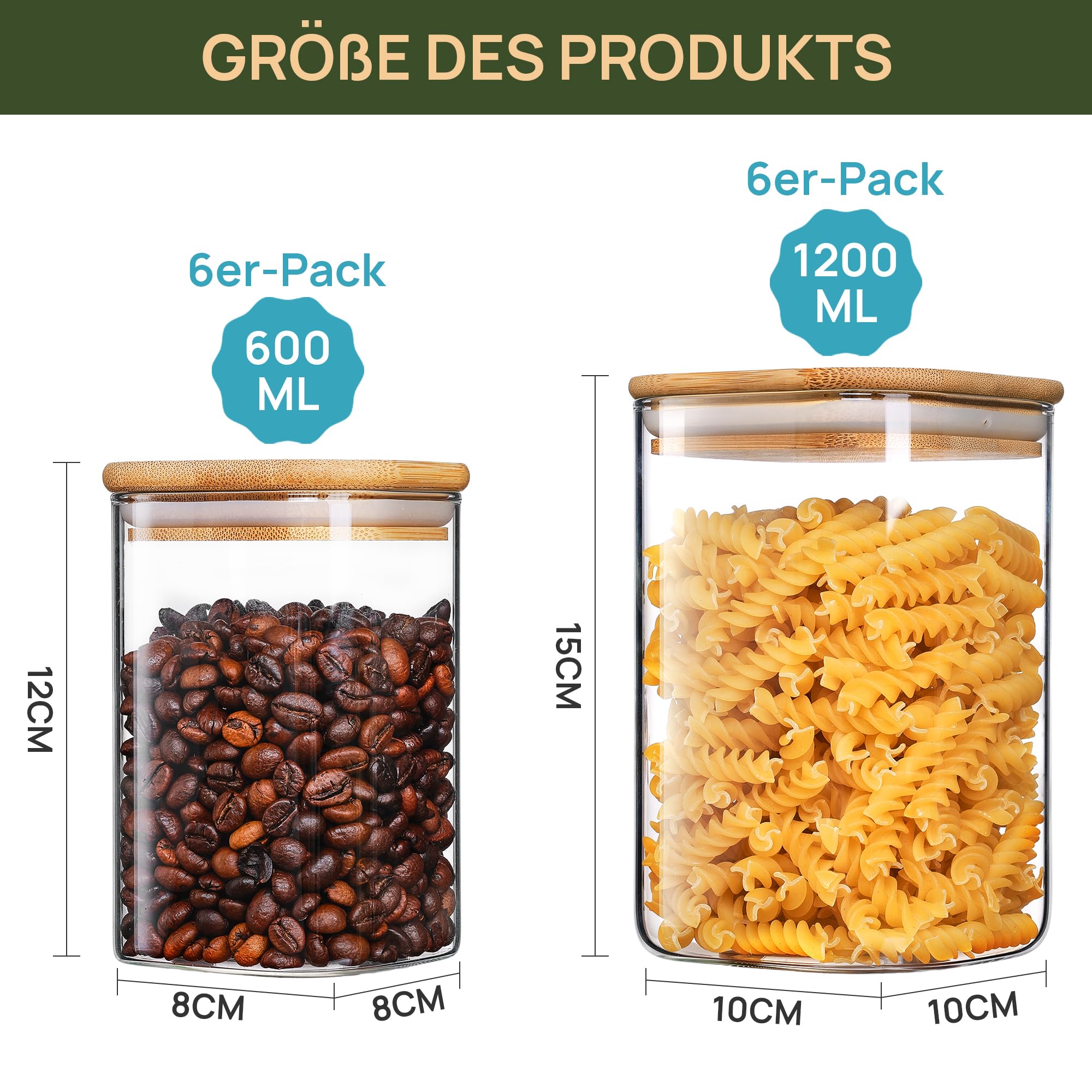 Vtopmart 12er Set Vorratsgläser Mit Deckel, 2 Größen : 1200ml x 6, 600ml x 6, Vorratsdosen Glas Mit Deckel, Vorratsglas Mit Holzdeckel zur Spaghetti Aufbewahrung