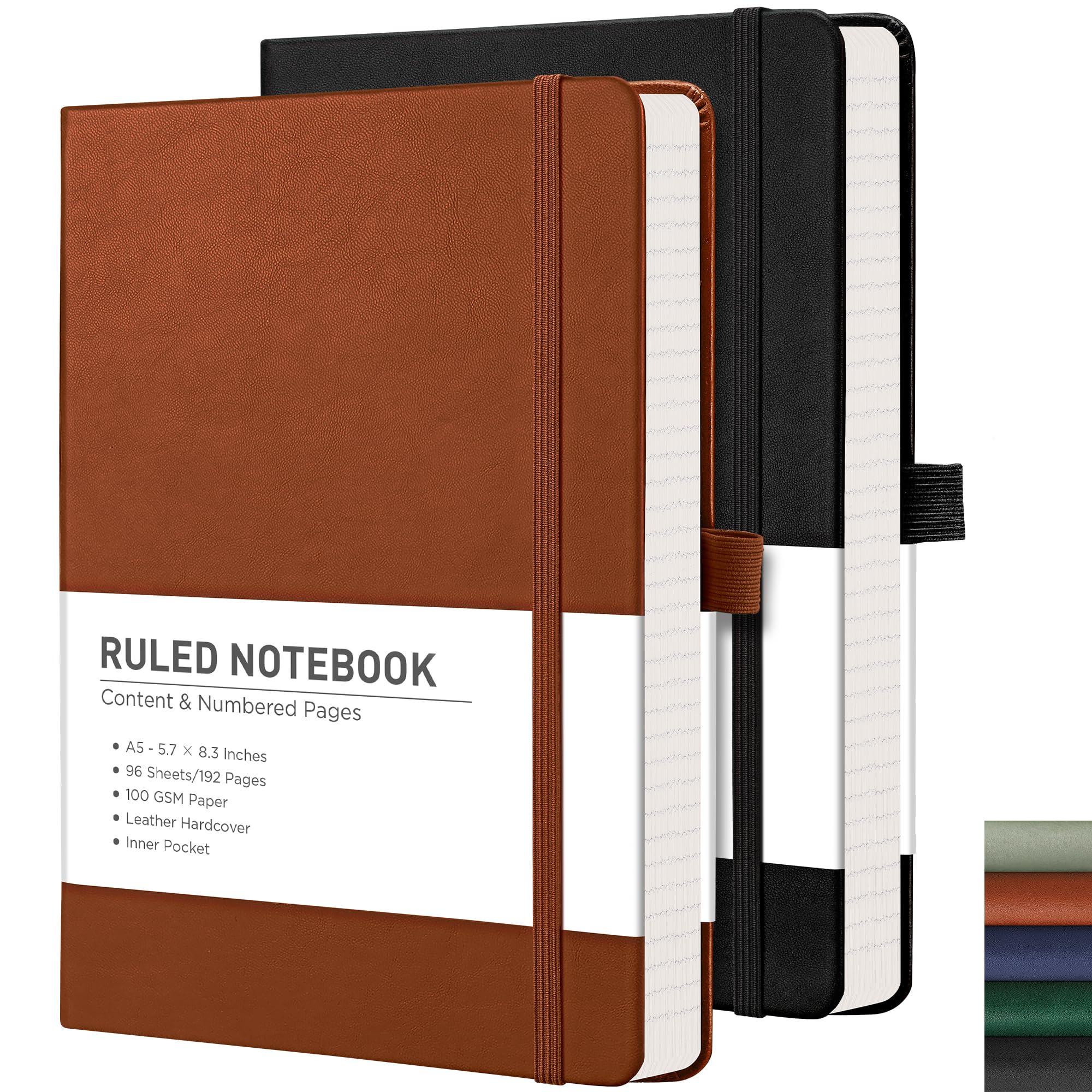 RETTACY Lined Journal Notebook, 2-Pack, 192 Numbered Pages per Pack, A5 Medium Size (14.5 × 21 cm), for Men & Women, Writing, Work, Leather Hardcover, 100 GSM Thick Paper (Black & Brown)