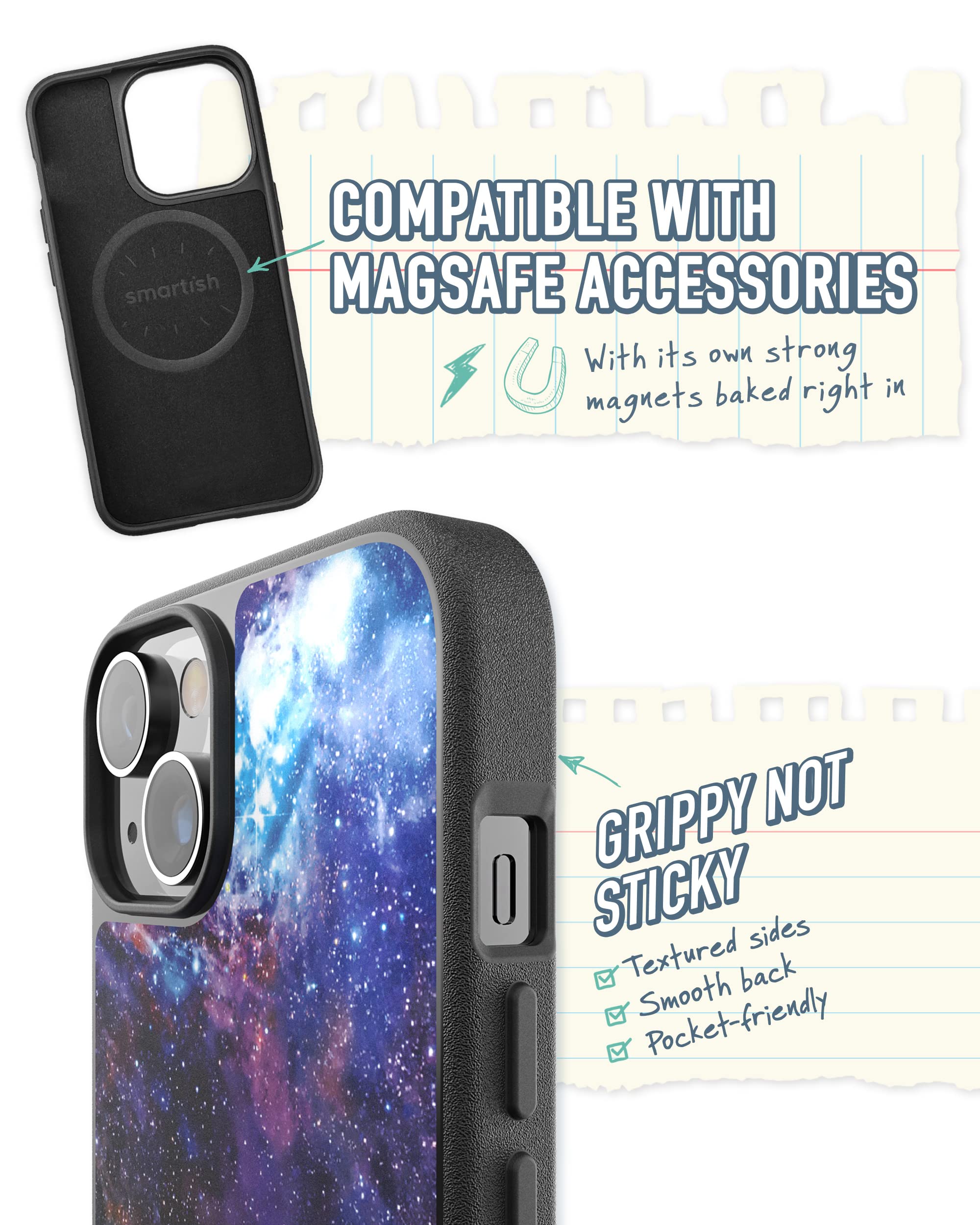 Smartish Custodia sottile per iPhone 14 – Gripmunk compatibile con MagSafe [leggera e protettiva] custodia sottile con fodera in microfibra – Spaced Out