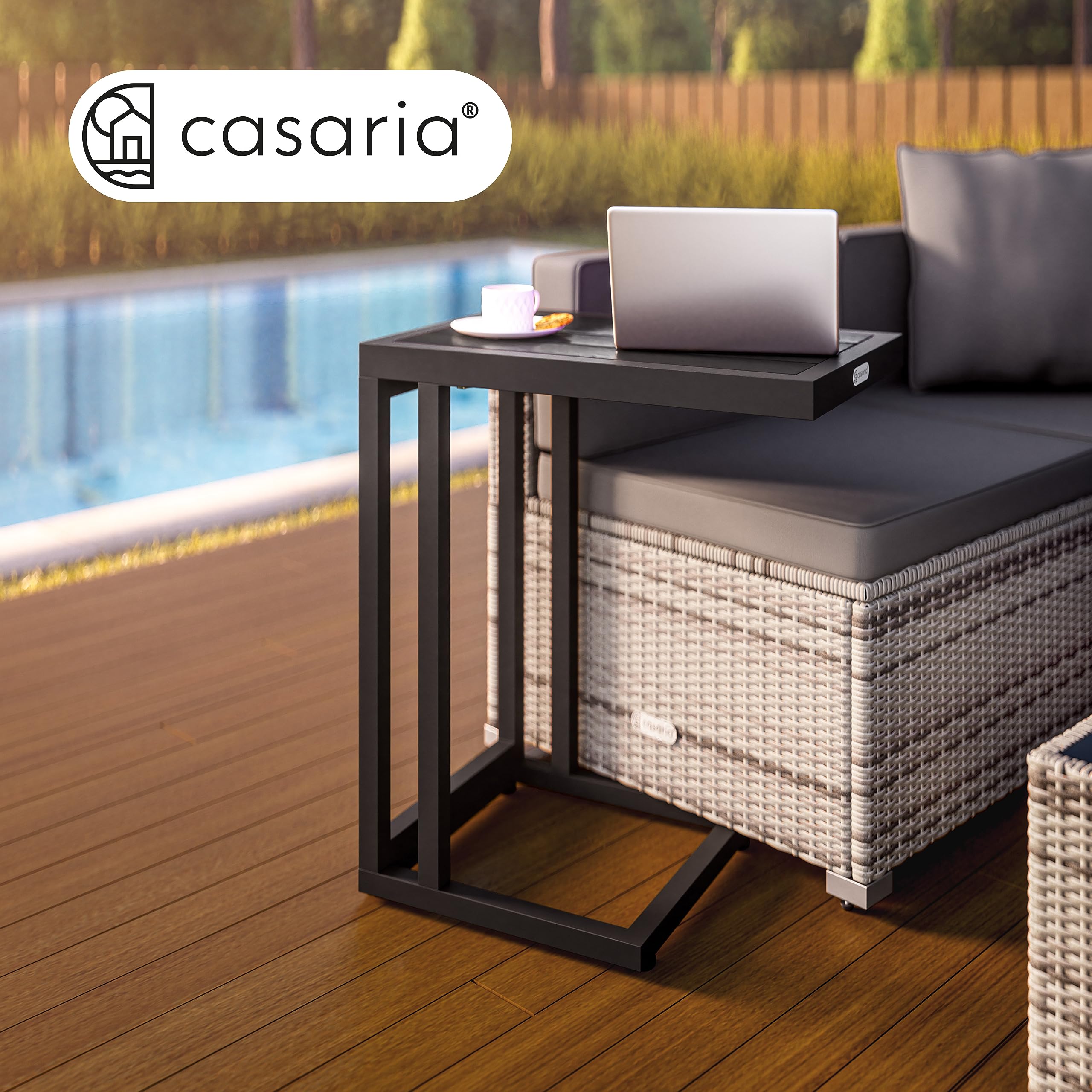 Casaria® Beistelltisch C-Form 50x40x66cm Metall WPC Tischplatte 25kg Belastbarkeit mit Rollen Wetterfest Outdoor Gartentisch Balkontisch Tisch Schwarz