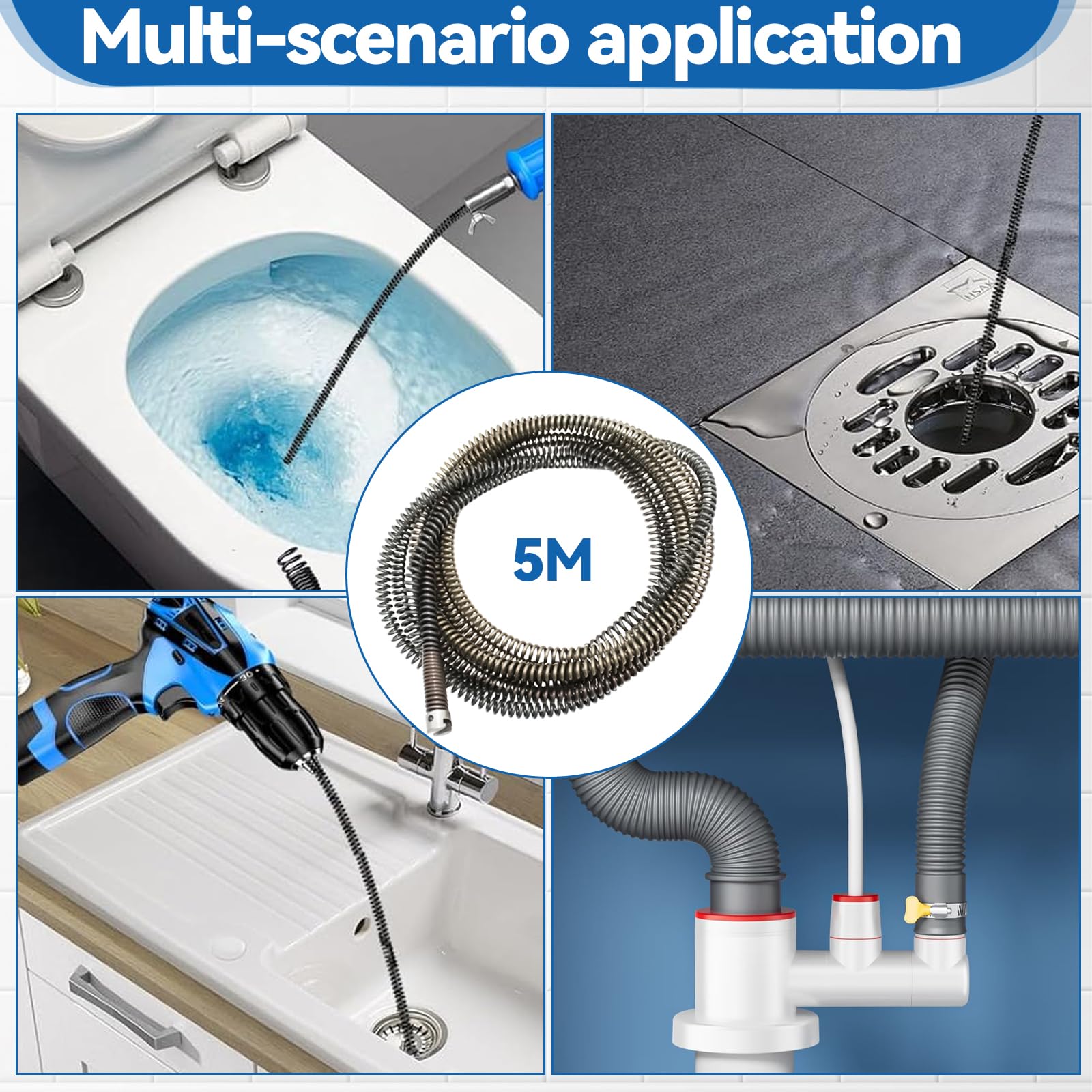 Deboucheur Canalisation Professionnel 5m x12mm, Deboucheur Evier avec Manivelle, 8 Pièces Dragage Nettoyeur Adaptateurs éLectriques, Pratique et Efficace Deboucheur pour WC Evier Canalisation
