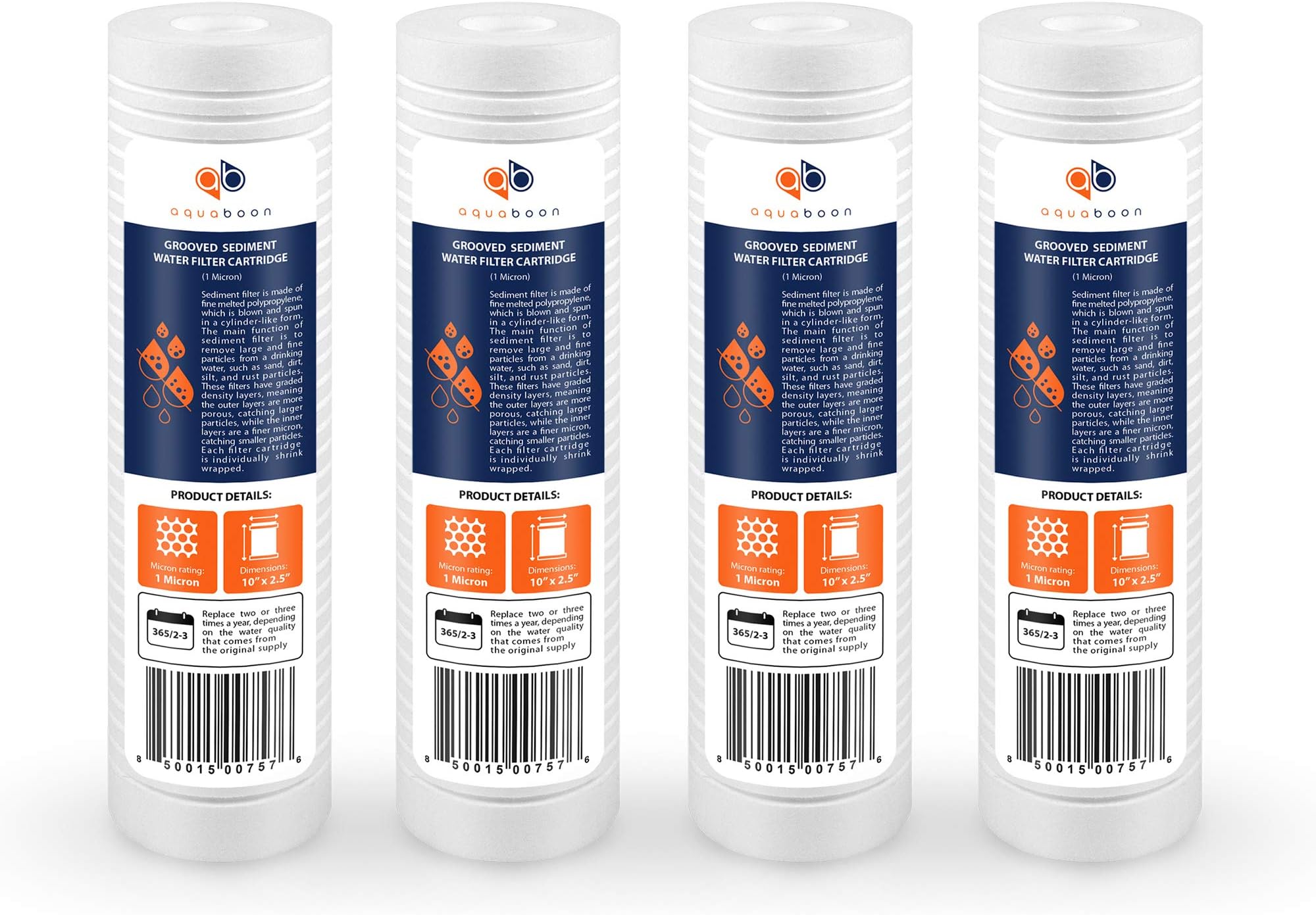 Whole House 1 Micron 10 x 2.5 PP Grooved Sediment Water Filter Cartridge Replacement Compatible with AP110, WHKF-GD05, CFS110, P5, 4-Pack