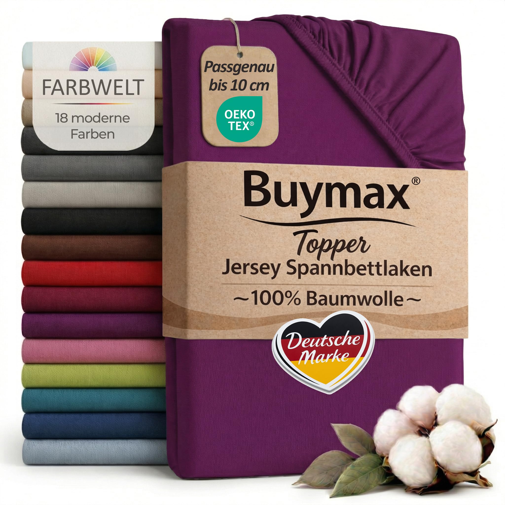 Buymax Jersey Topper Spannbettlaken aus 100% Baumwolle – Spannbetttuch für Topper bis 10 cm Höhe (18 cm Steg), atmungsaktiv, elastisch, Oeko-TEX