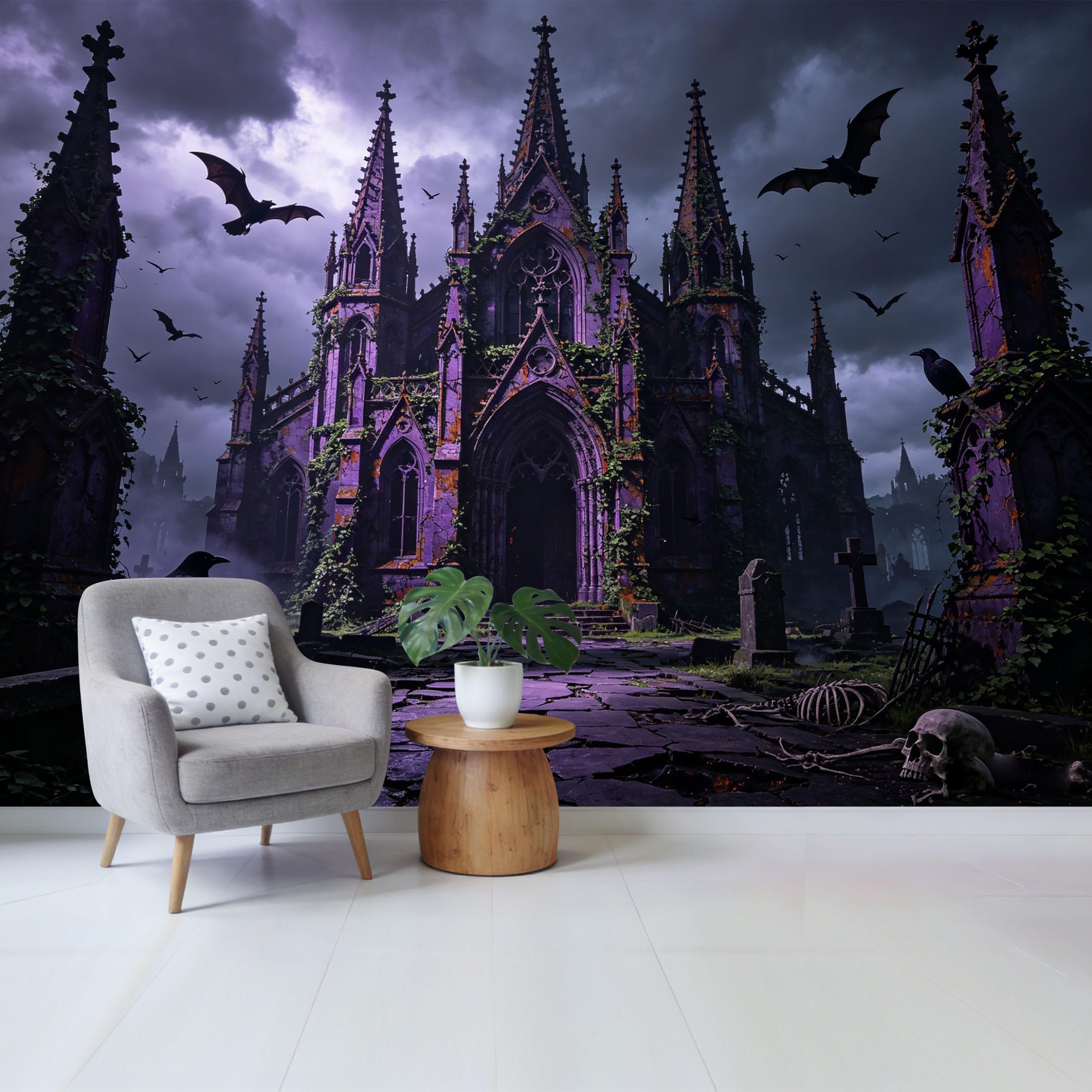Qzlithotic Yq2605250049 Custom Size Wall Mural Gothic Cathedral Architecture Dark Stormy Sky Flying Bats Vintage Style Selfadhesive Wall Fabric Removable Wallpaper For Home Office Decor